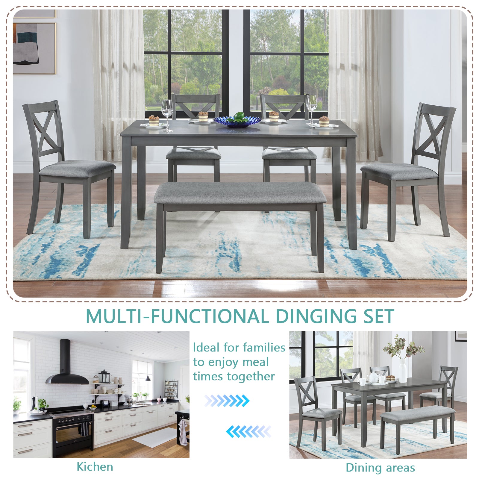 6 Piece Kitchen Dining Set (Table + Chairs + Bench)