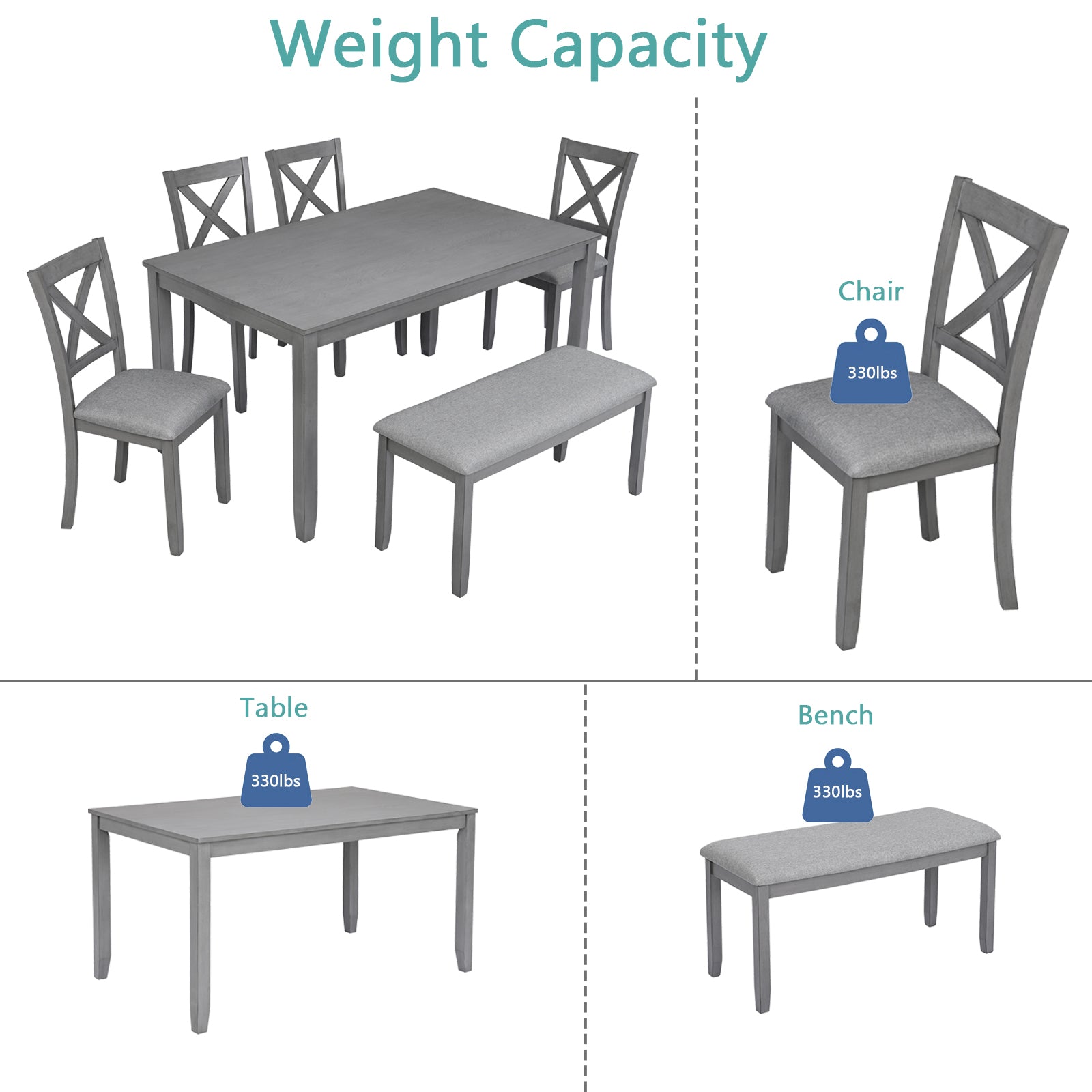 6 Piece Kitchen Dining Set (Table + Chairs + Bench)