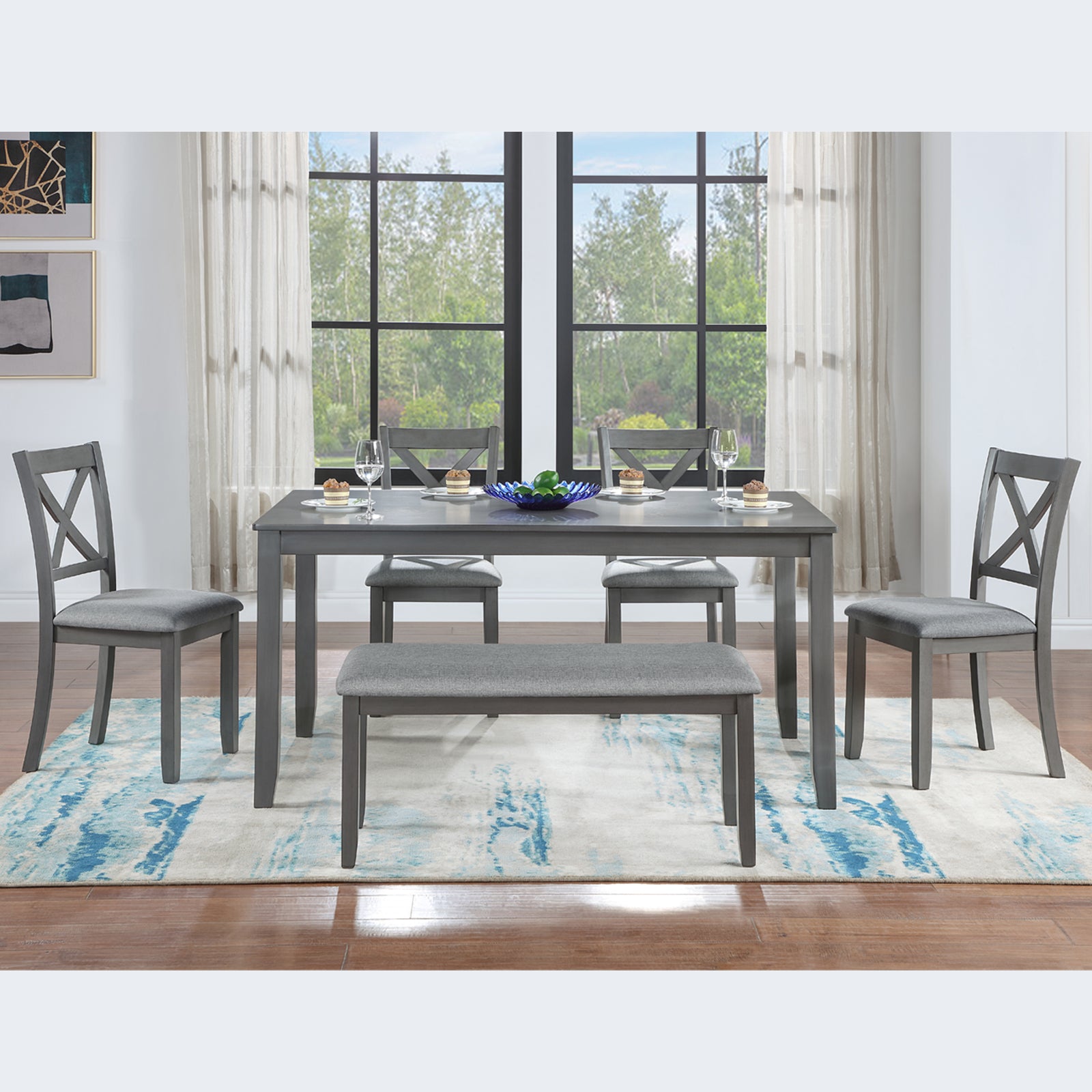 6 Piece Kitchen Dining Set (Table + Chairs + Bench)