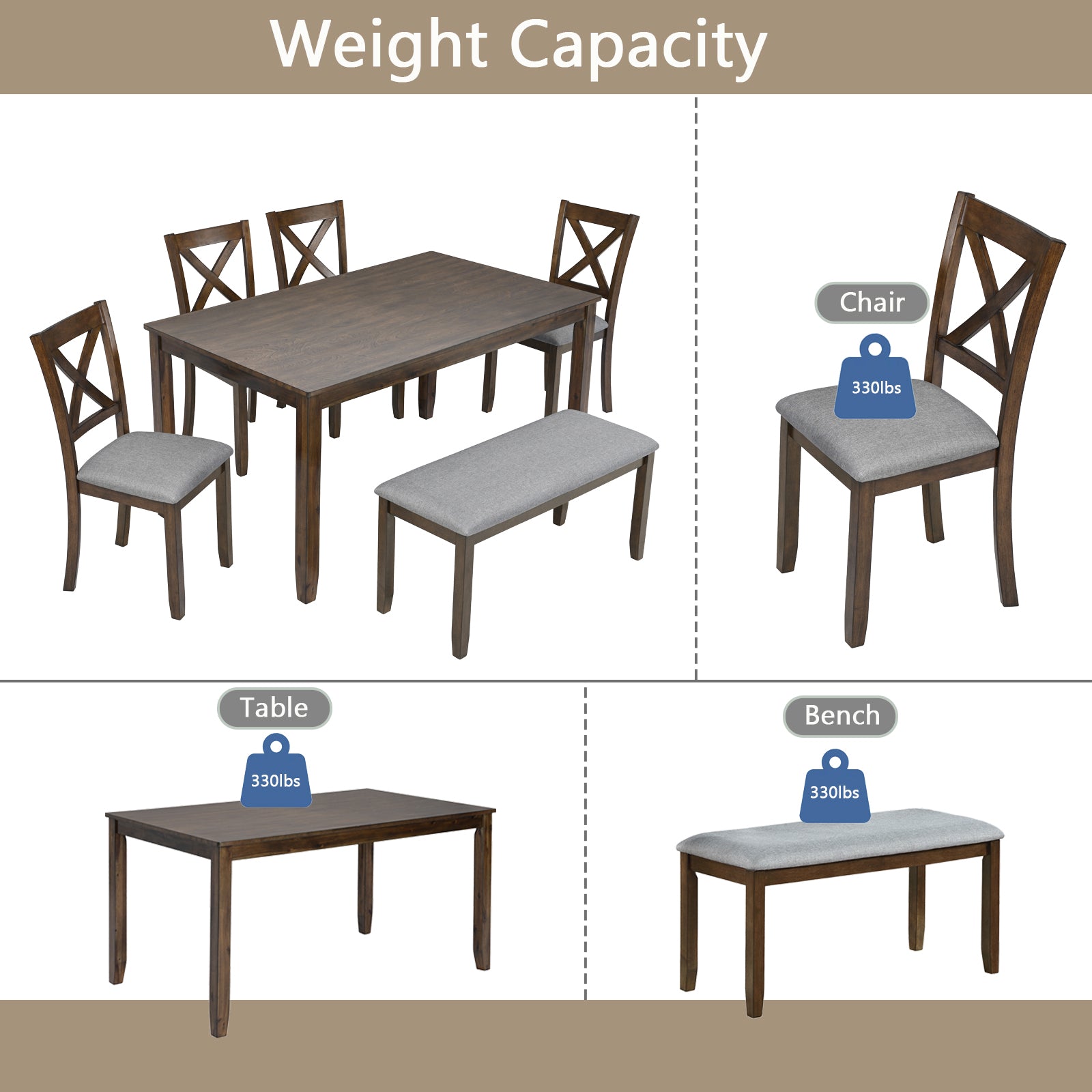 6 Piece Kitchen Dining Set (Table + Chairs + Bench)