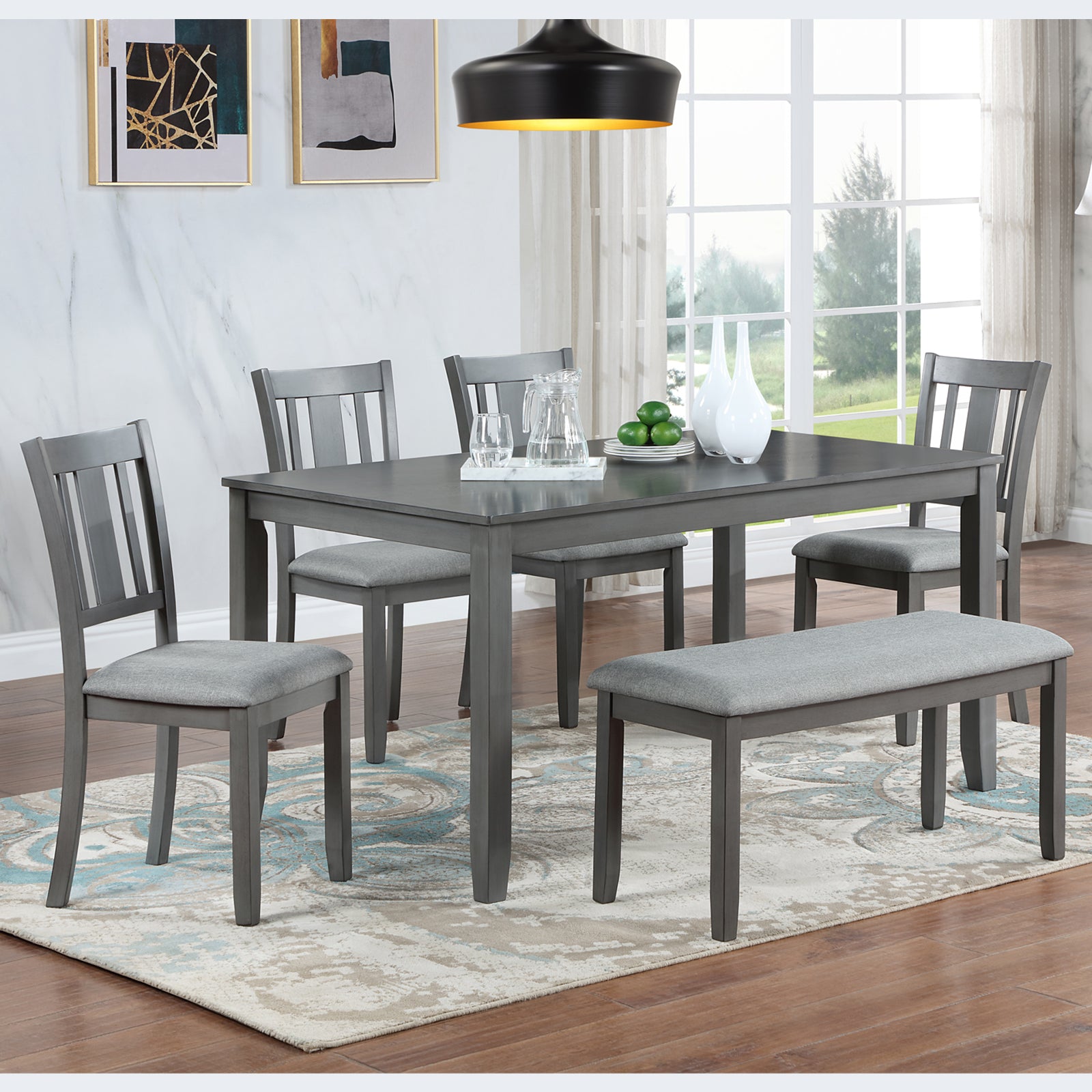 6-Piece Kitchen Dining Set (Table + 4 Upholstered Chairs + Bench, Gray)