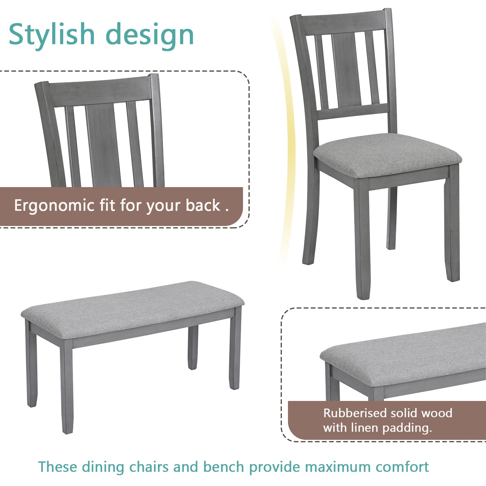 6-Piece Kitchen Dining Set (Table + 4 Upholstered Chairs + Bench, Gray)