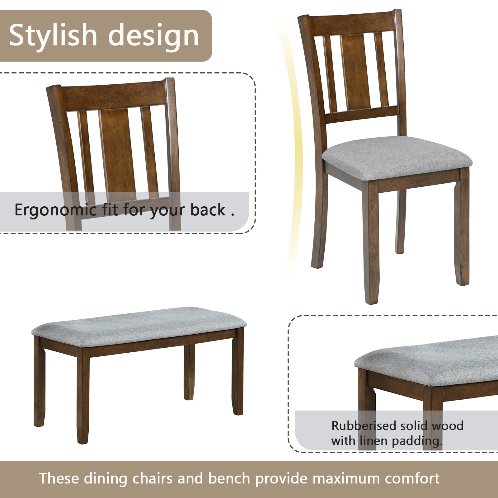 6-Piece Wooden Dining Table Set (Table + 4 Chairs + Bench, Walnut)