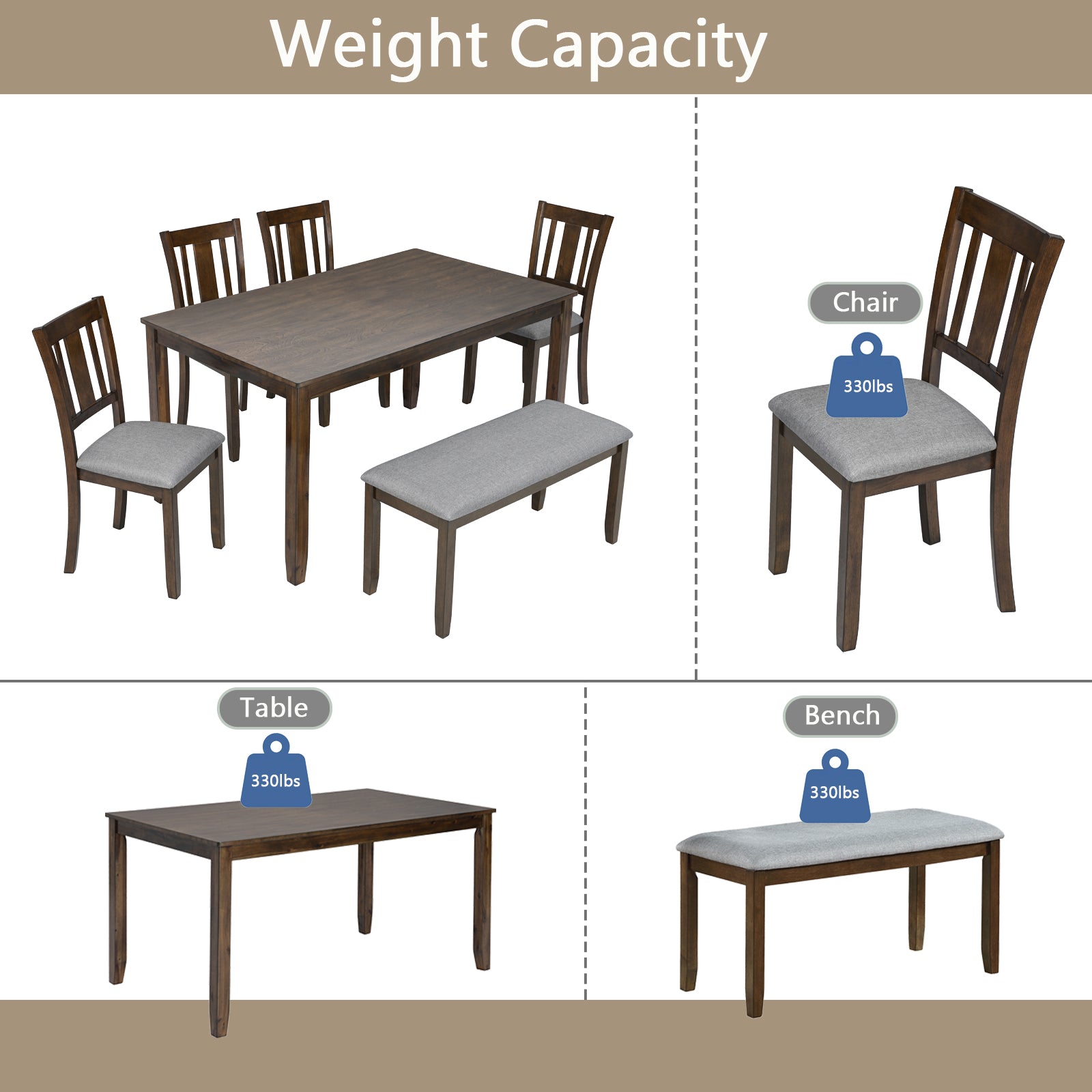 6-Piece Wooden Dining Table Set (Table + 4 Chairs + Bench, Walnut)