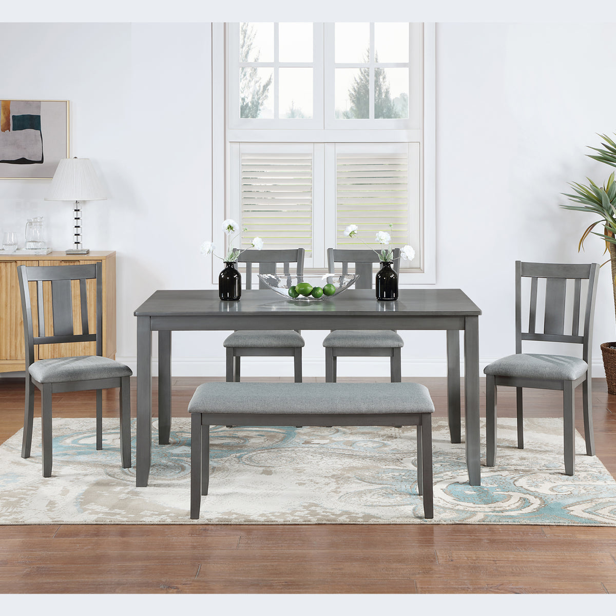 6-Piece Kitchen Dining Set (Table + 4 Upholstered Chairs + Bench, Gray)