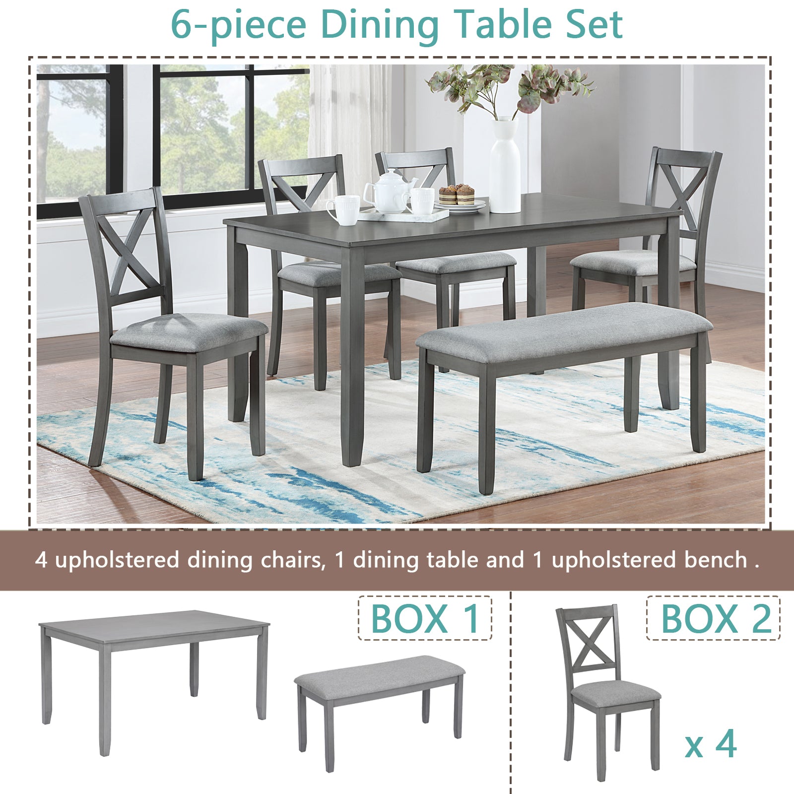 6 Piece Kitchen Dining Set (Table + Chairs + Bench)