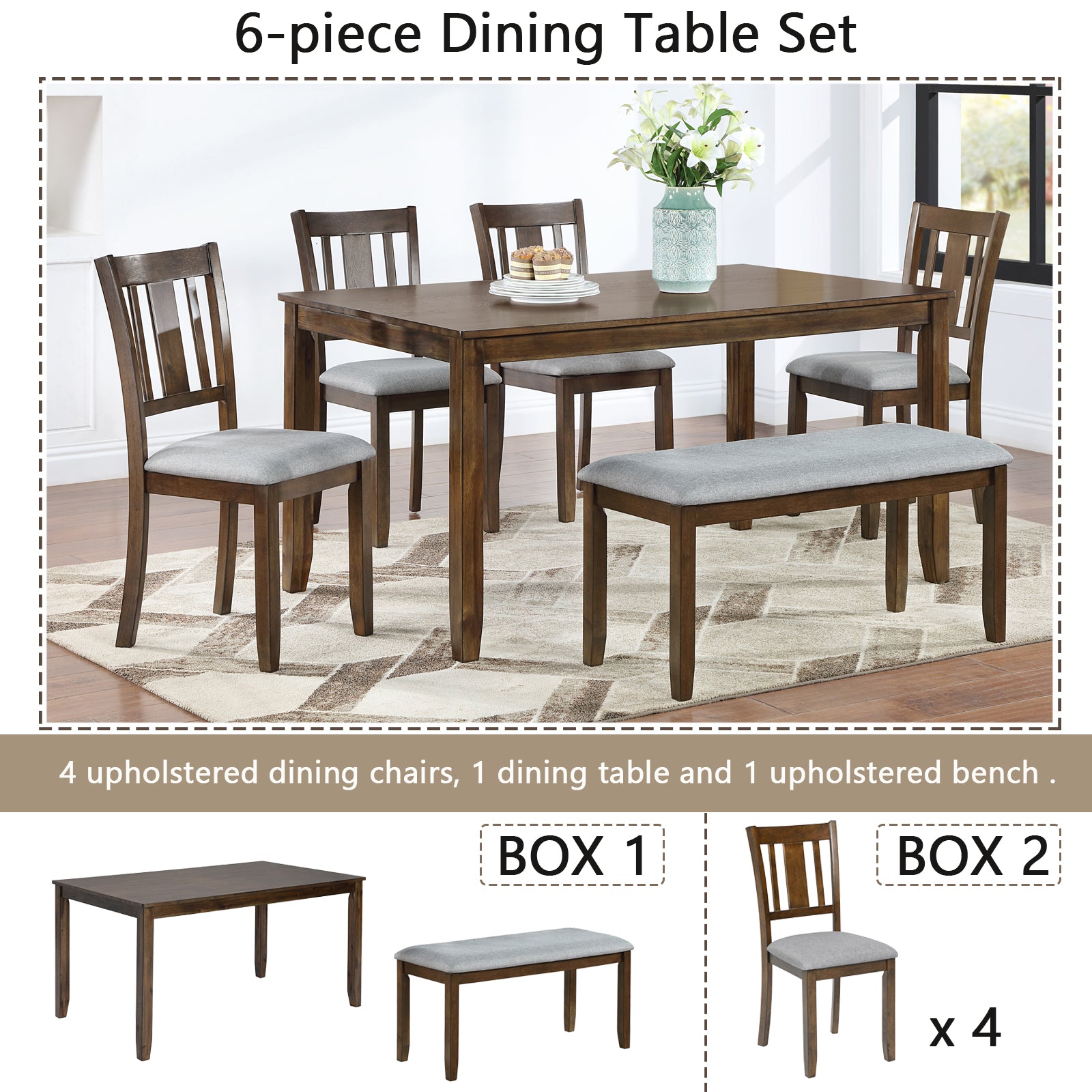6-Piece Wooden Dining Table Set (Table + 4 Chairs + Bench, Walnut)