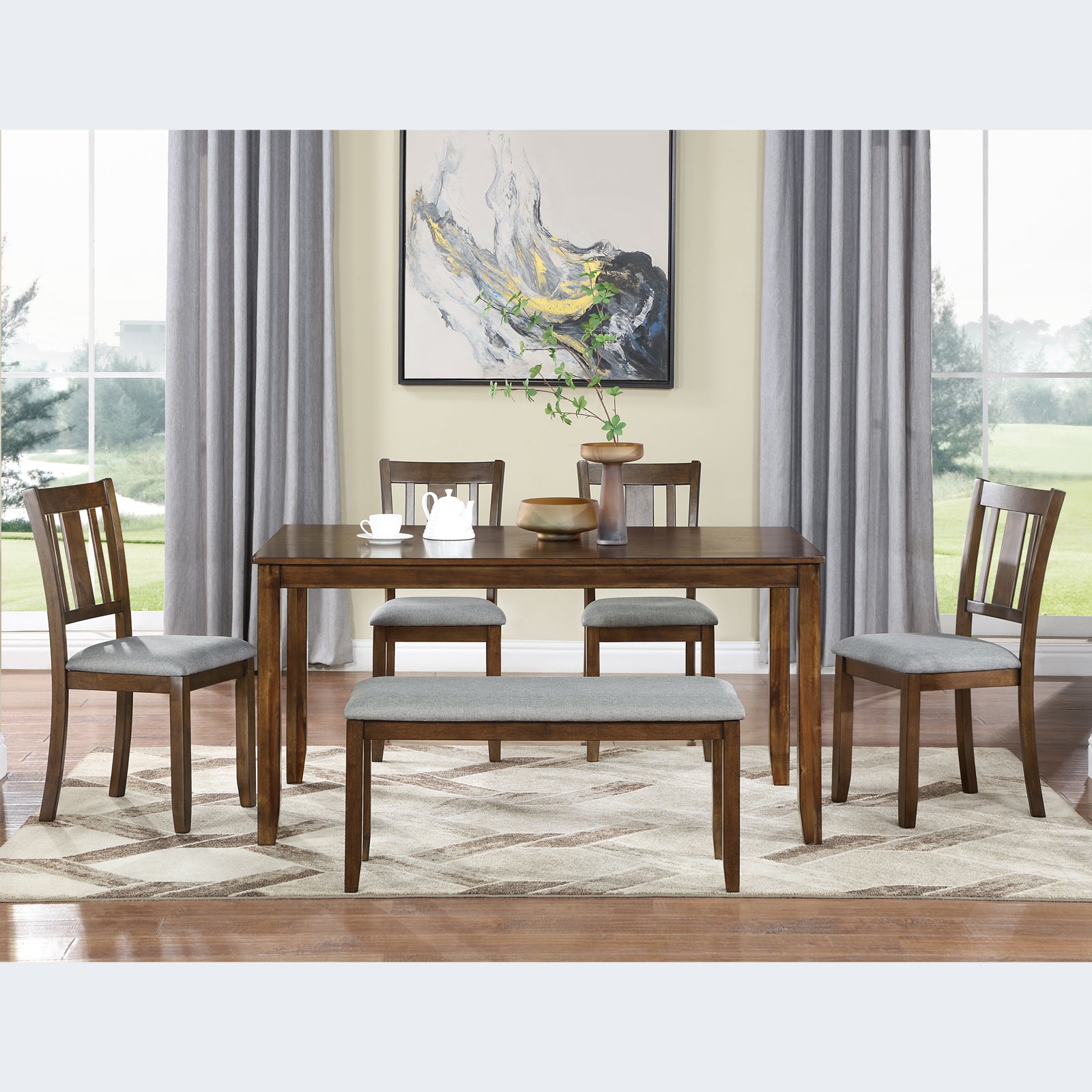 6-Piece Wooden Dining Table Set (Table + 4 Chairs + Bench, Walnut)