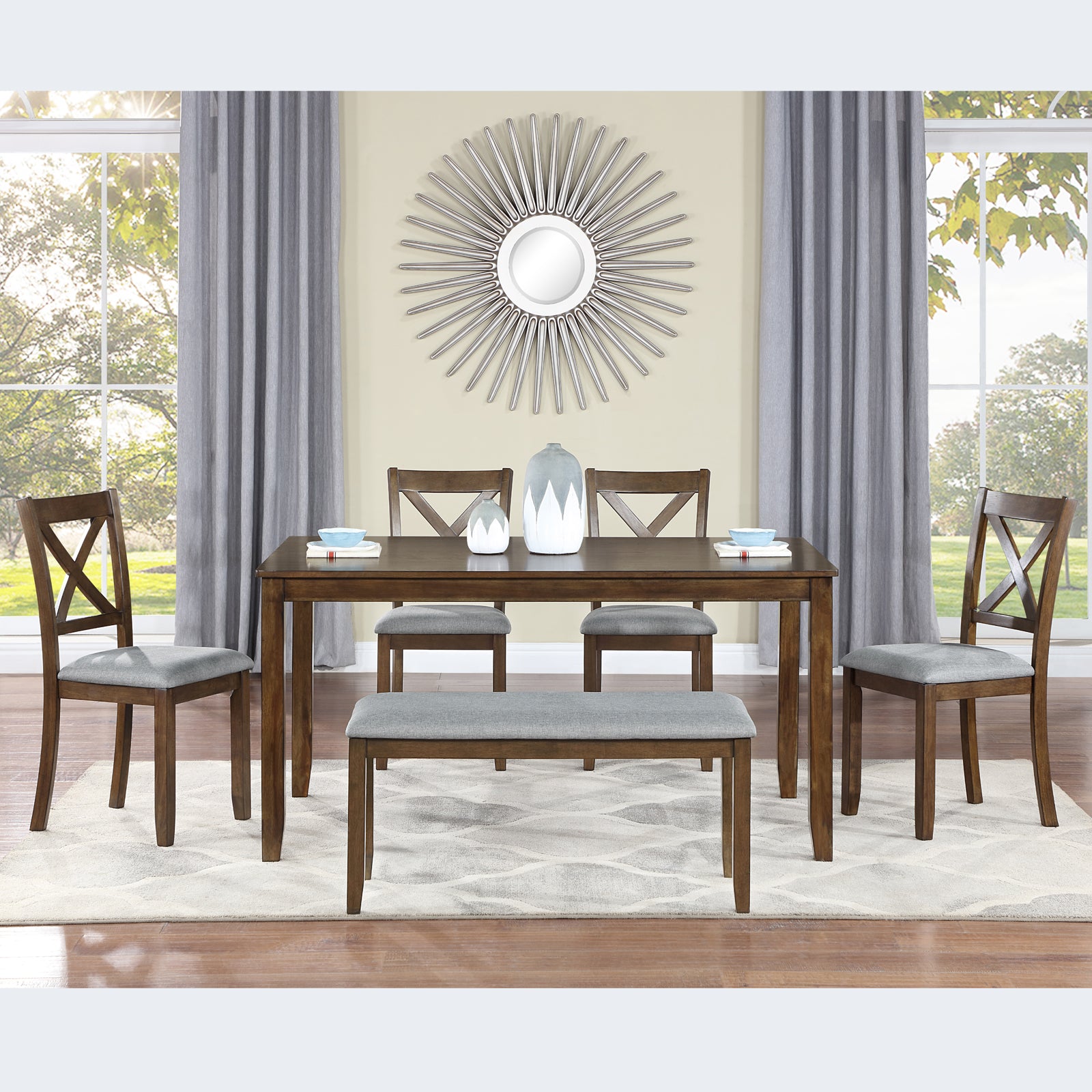 6 Piece Kitchen Dining Set (Table + Chairs + Bench)