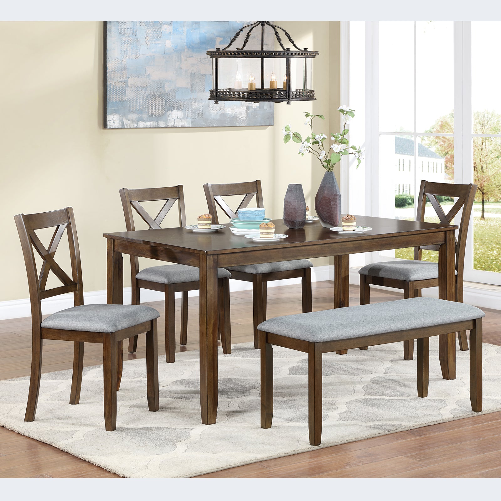 6 Piece Kitchen Dining Set (Table + Chairs + Bench)