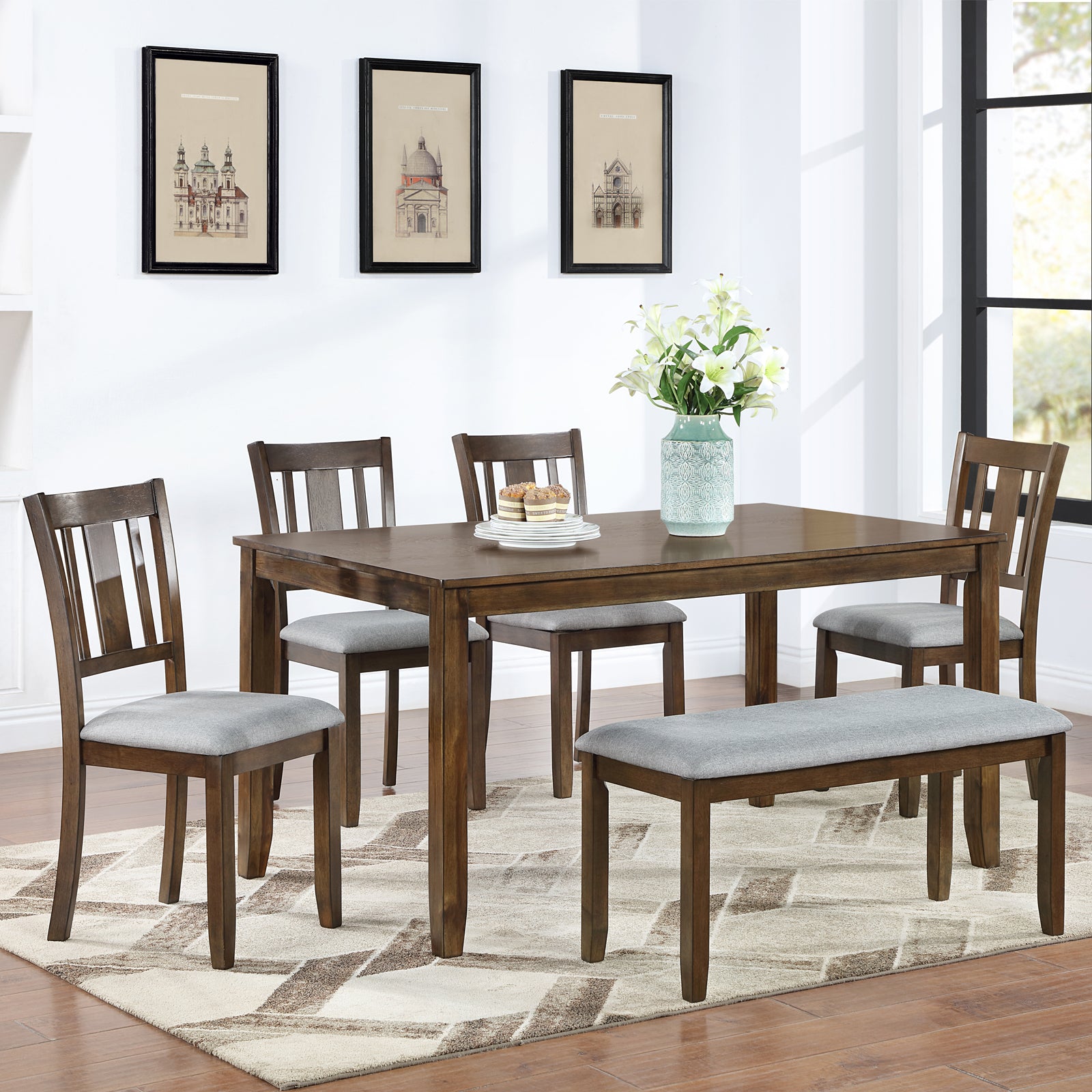 6-Piece Wooden Dining Table Set (Table + 4 Chairs + Bench, Walnut)