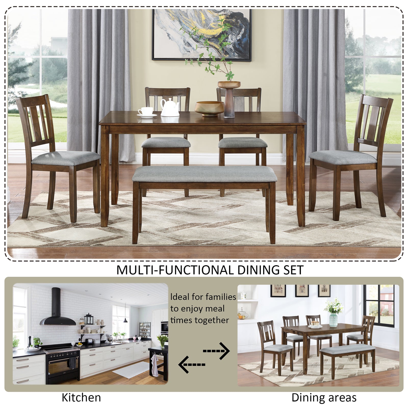 6-Piece Wooden Dining Table Set (Table + 4 Chairs + Bench, Walnut)