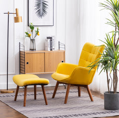 Leiria Contemporary Silky Velvet Tufted Accent Chair with Ottoman, Yellow