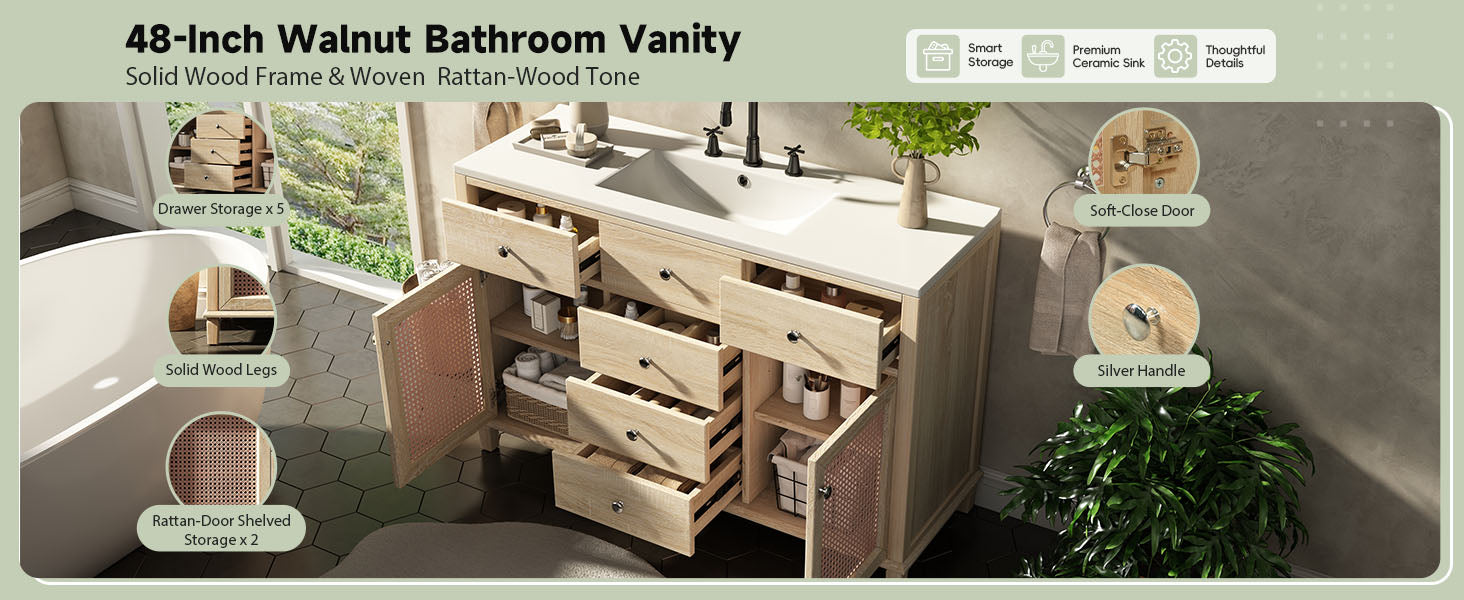 48-Inch Natural Rattan Bathroom Vanity: Solid Wood Frame, 5 Drawers, 2 Rattan Cabinet Doors & Premium Ceramic Sink