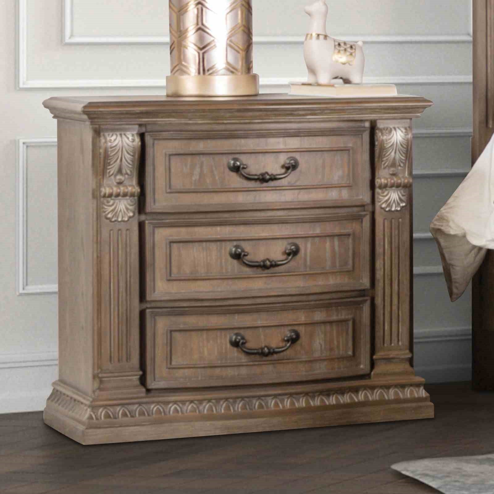 Luxurious Traditional Look 1pc Nightstand Weather Oak Finish Curved Detail Bedroom Furniture Solid wood Bedside Table
