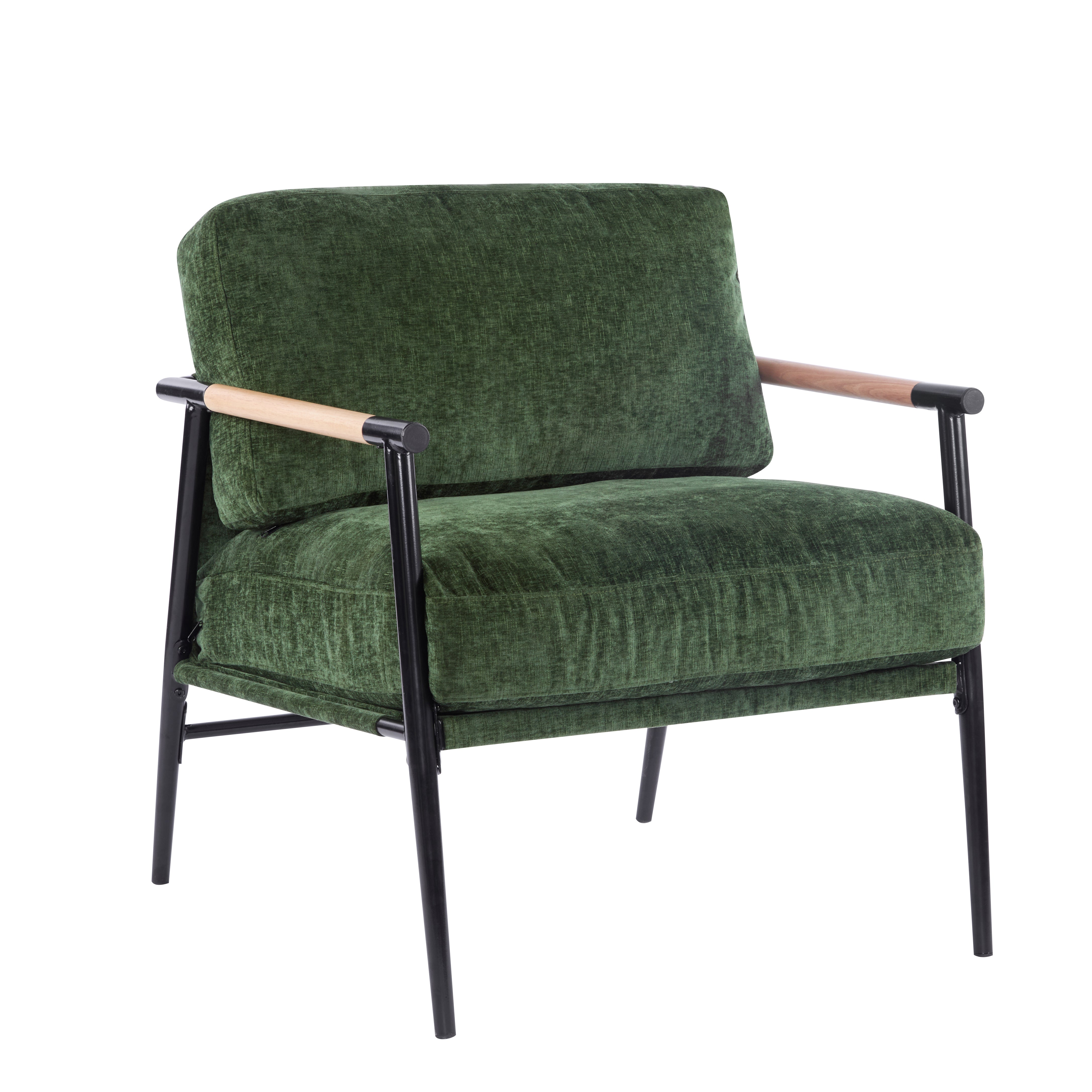 27.56" Modern Accent Chair with Plush Cushions, Minimalist Metal Frame, and Wooden Armrest Design – Perfect for Cozy Living Room, Bedroom, or Office Seating