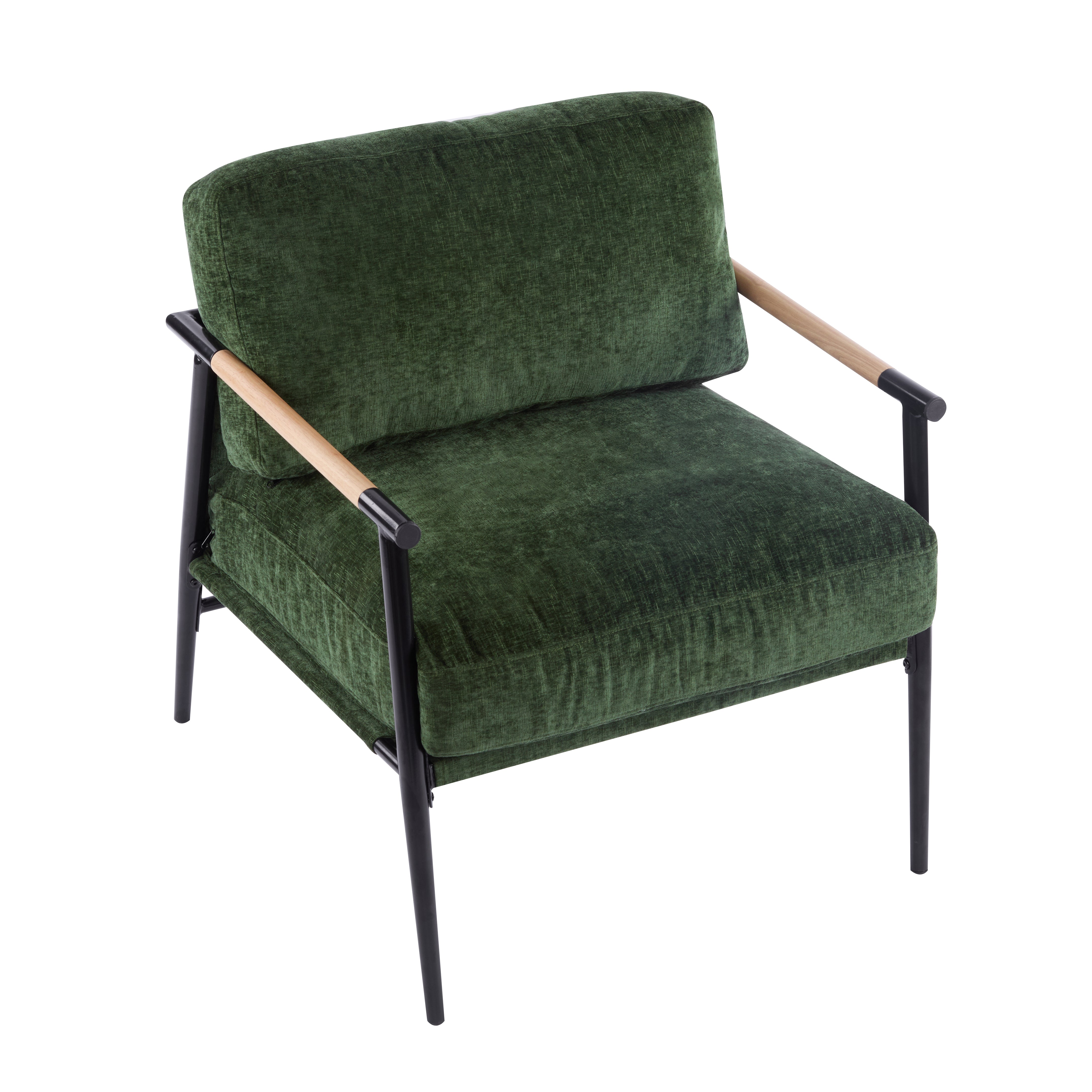 27.56" Modern Accent Chair with Plush Cushions, Minimalist Metal Frame, and Wooden Armrest Design – Perfect for Cozy Living Room, Bedroom, or Office Seating
