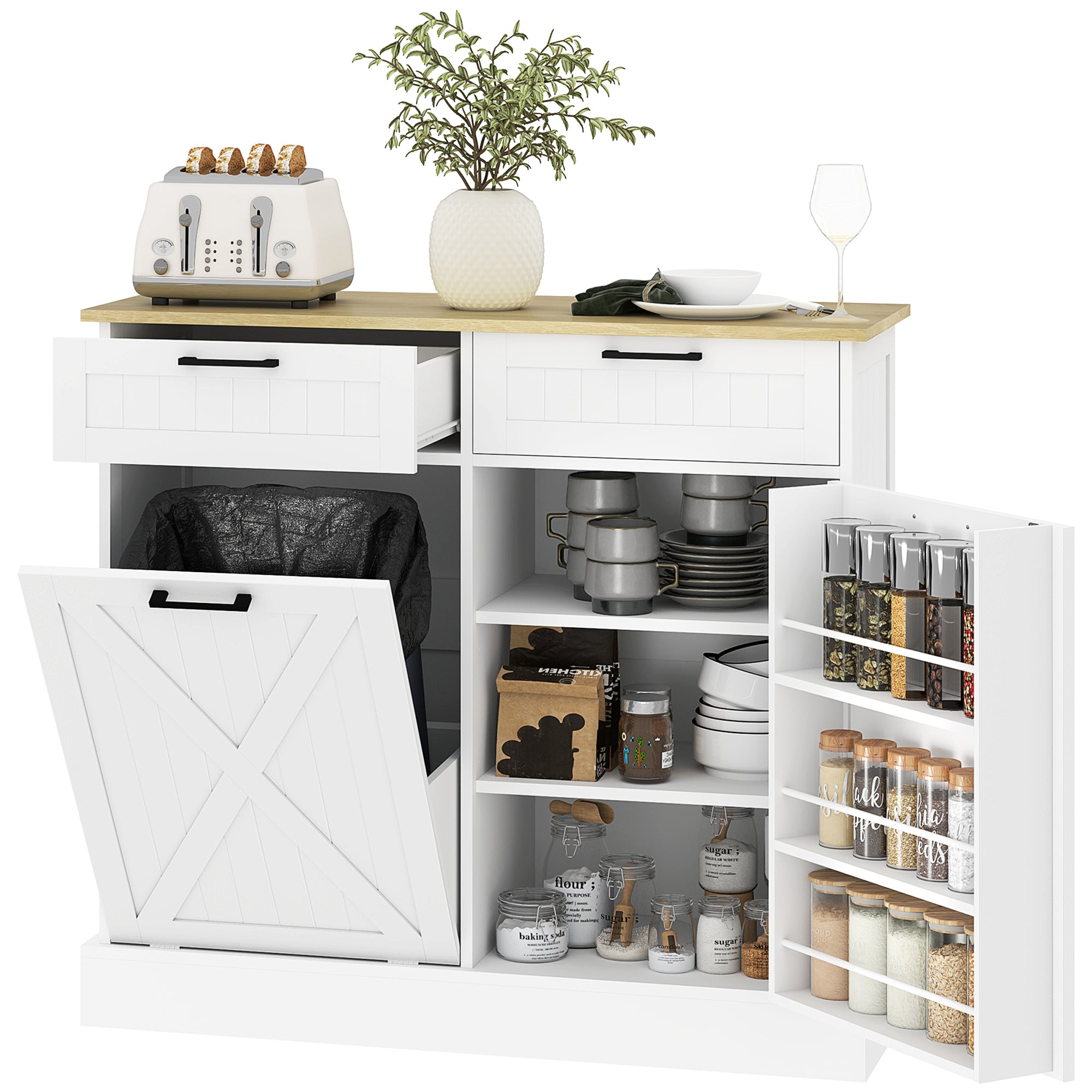 HOMCOM 10 Gallon Farmhouse Kitchen Cabinet with Hidden Trash Can and 2 Drawers, Tilt Out Trash Can Cabinet for Kitchen, White