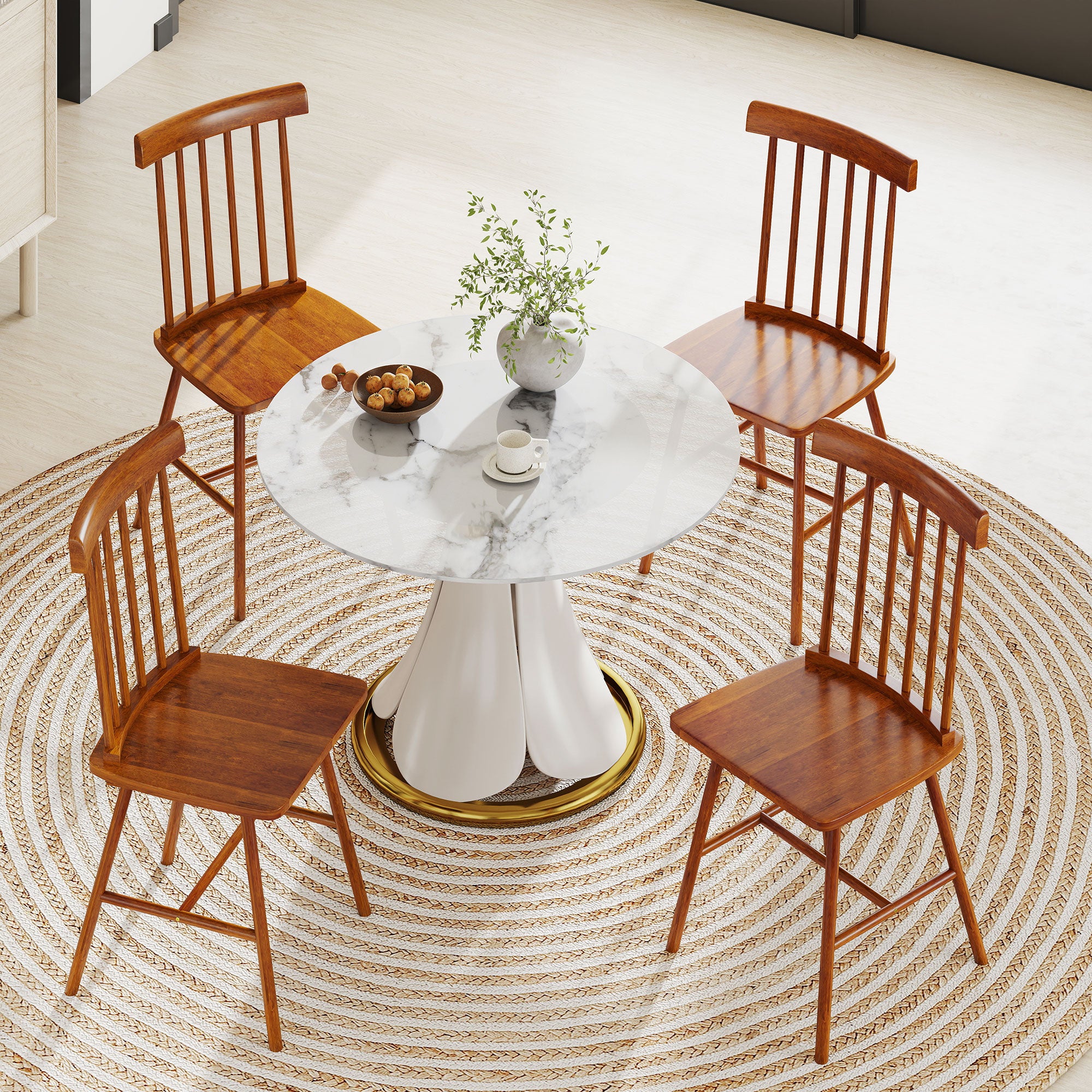 HOMCOM Dining Chairs Set of 4, Farmhouse Wood Kitchen Chairs with Rubber Wood Frame, Spindle Back for Dining Room, Light Brown