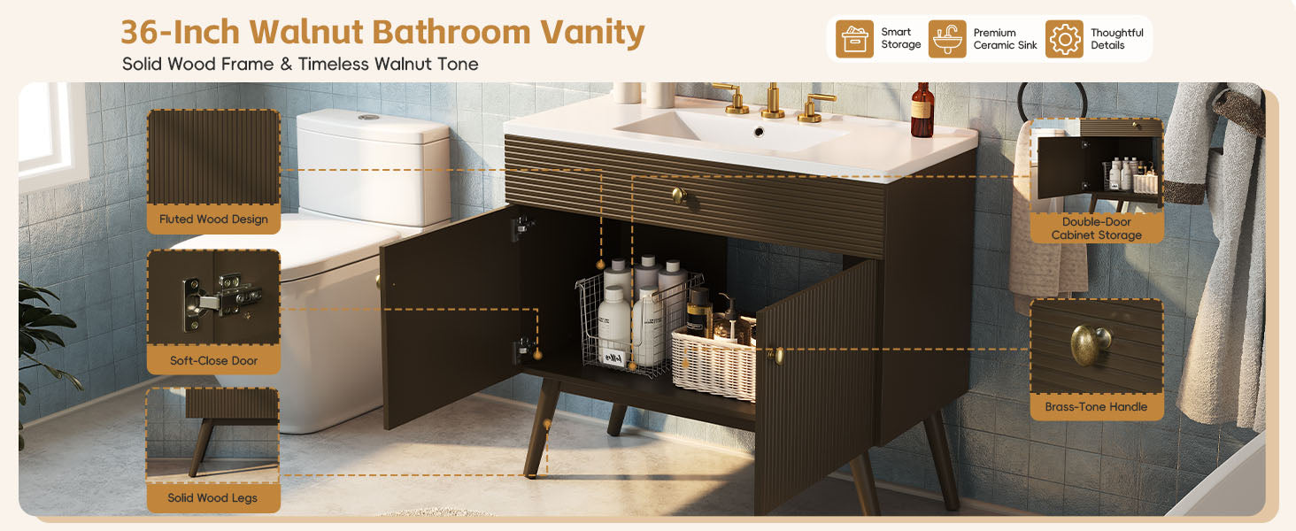 36" Luxury Striped Dark Brown Vanity: Soft-Close Dual-Door Storage & Premium Ceramic Sink