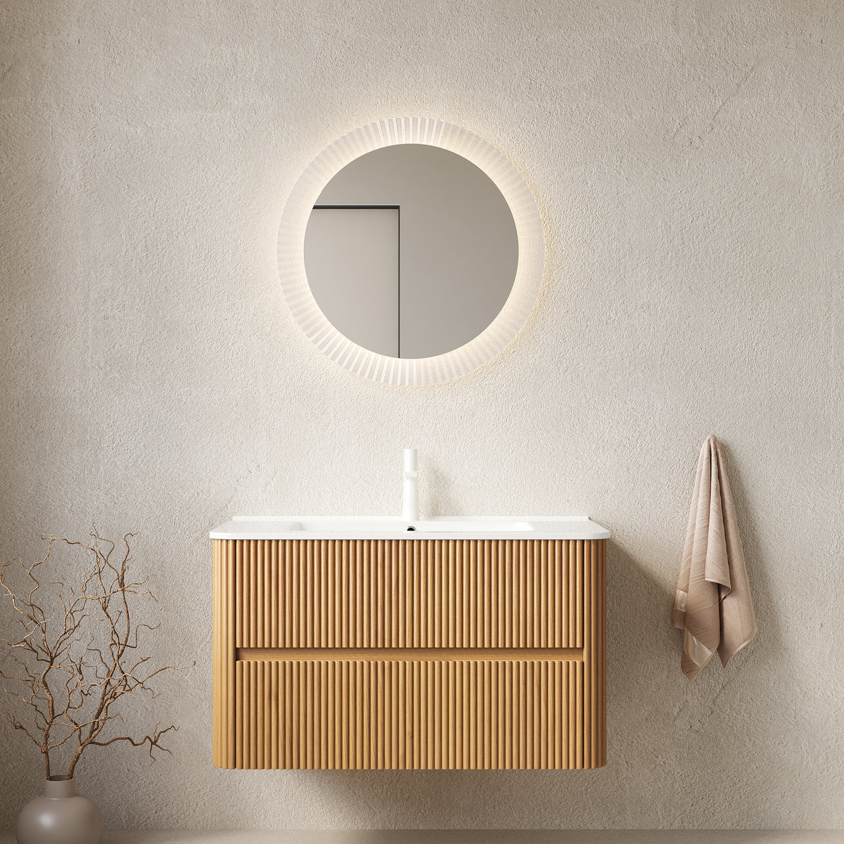 NOOR 36" Bathroom Vanity with Sink, Wall-Mounted Floating Plywood  Bathroom Storage Cabinet with 2 Drawers, White Ceramic Basin, NO Faucet, Pre-assembled, Natural Woodgrain Color