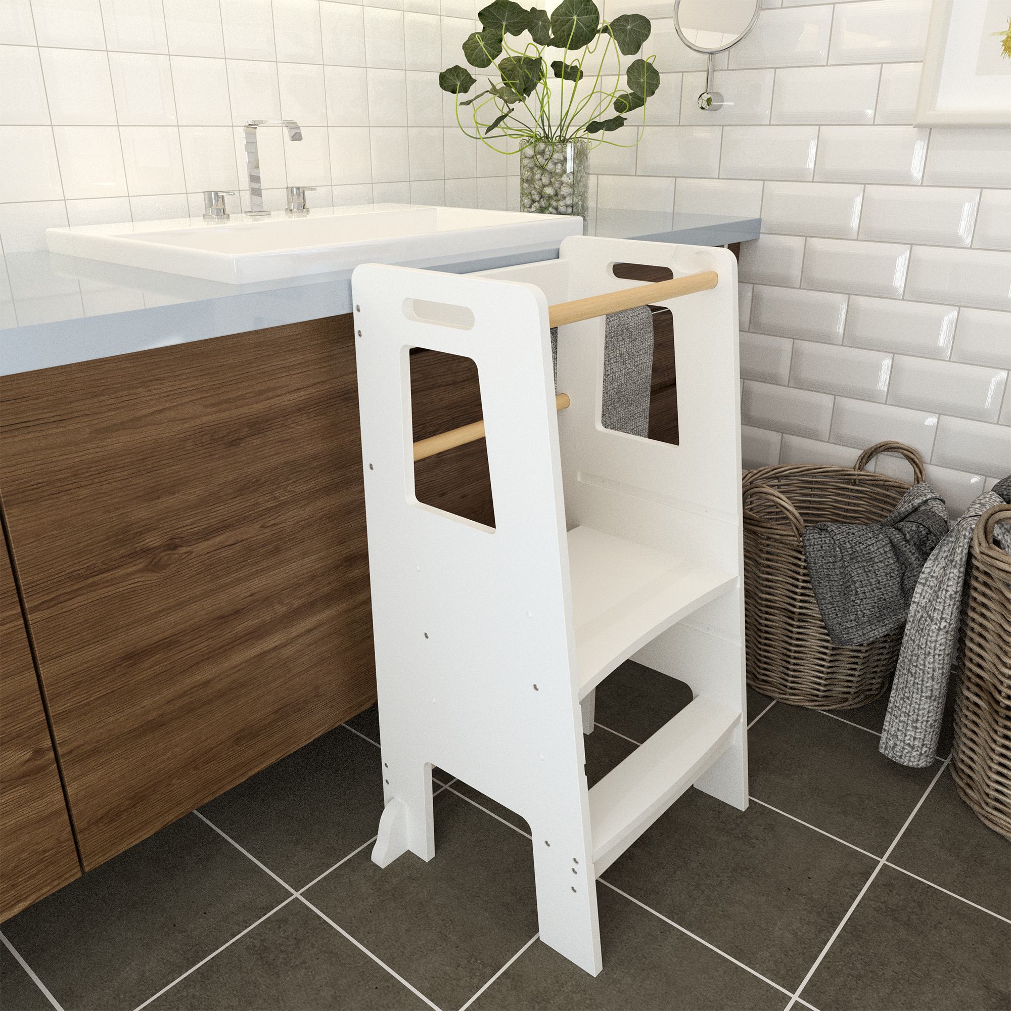 Kids Standing Tower, Child Kitchen Step Stool Toddler Wood Stepping Stool - Children's Montessori Stool - Adjustable Height, Ideal Kids Kitchen Step Stool for Learning New Skills, White