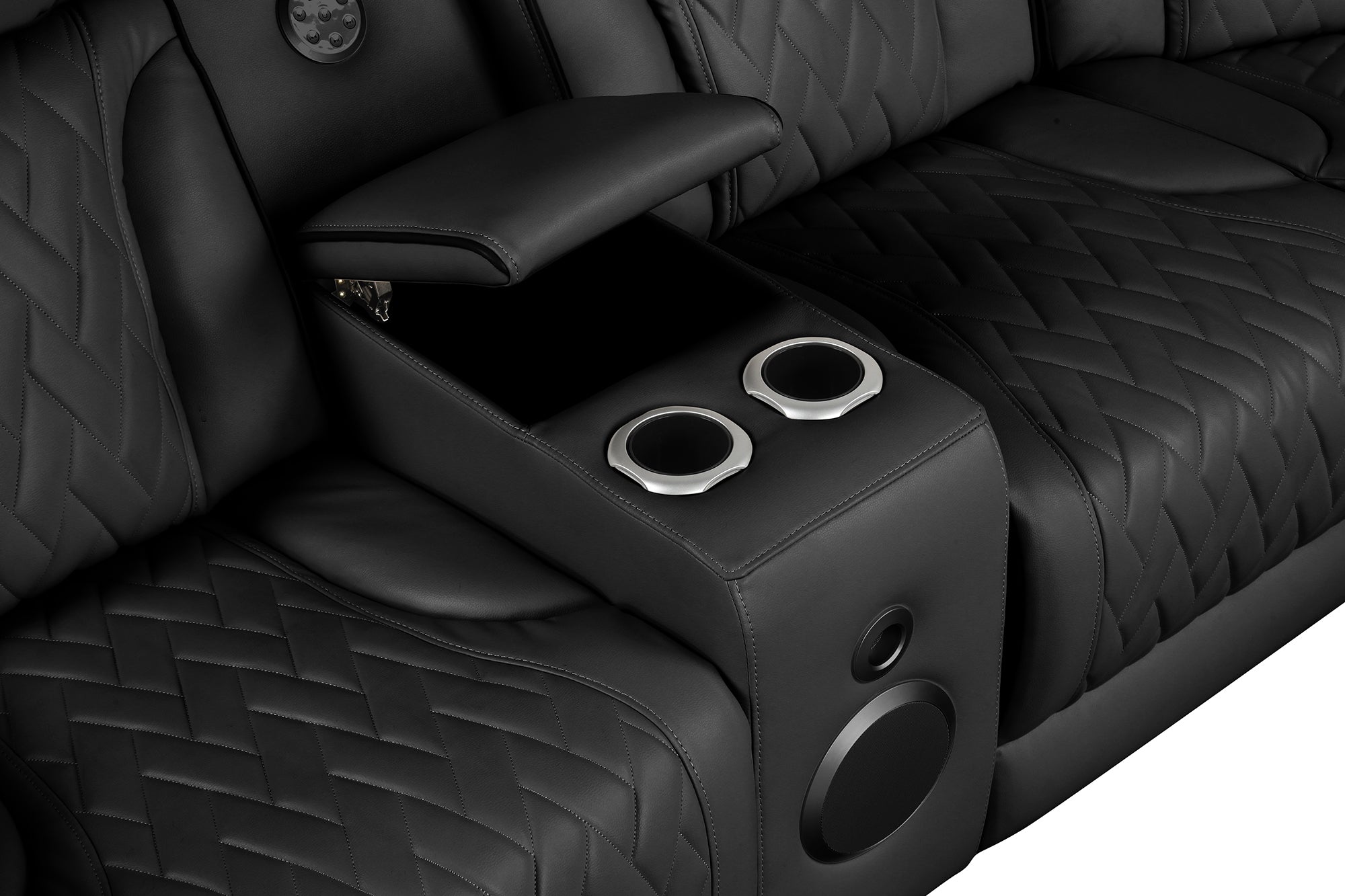 Jazz 117"W Black Leather Aire Transformer Power Reclining Sectional Sofa with Power Headrest, Bluetooth Speakers, LED Lights, USB & USB-C Ports, Storage & Cupholders