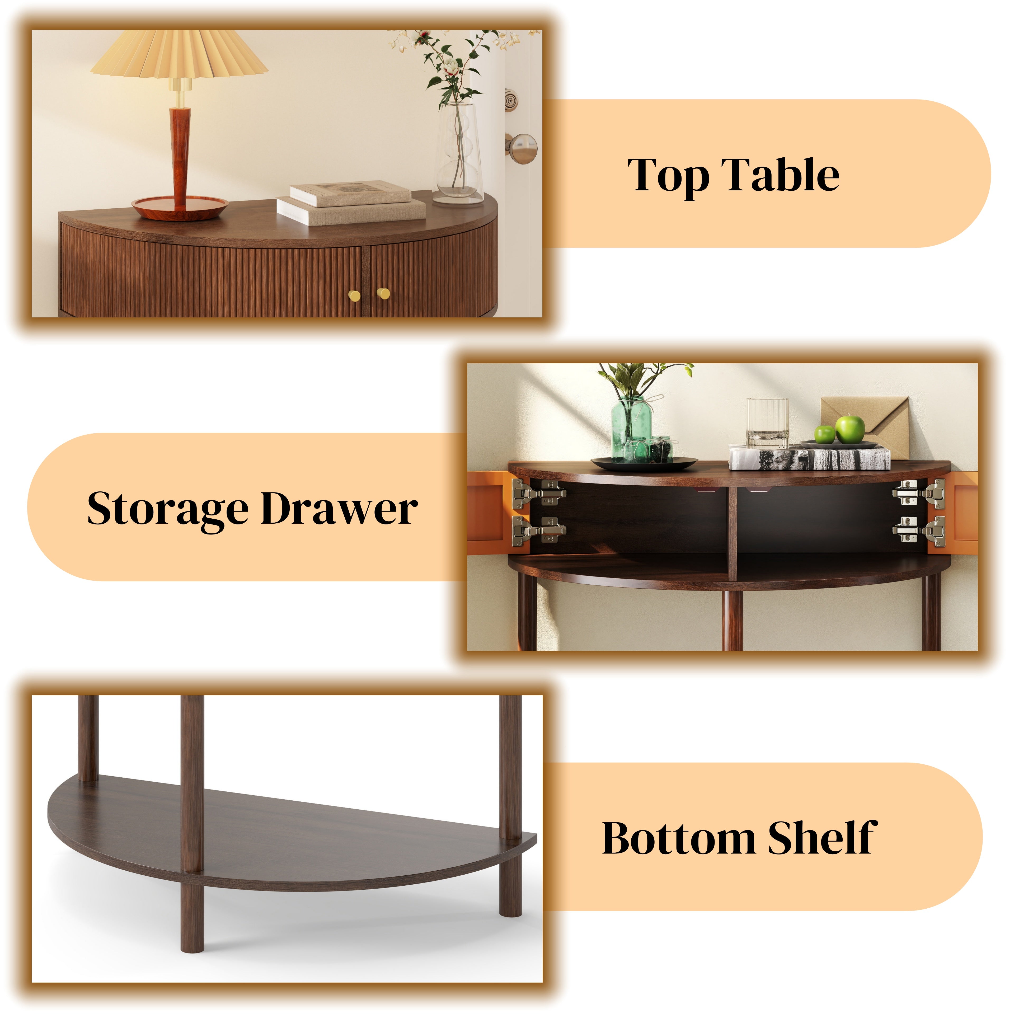 Artisan-Crafted Wave-Pattern Demi-Lune Console Table with Brown Woodgrain,Unique Half Moon Design End Table with 2 Storage Drawers and Bottom Shelf for Living room, Bedroom, Study, Hallway