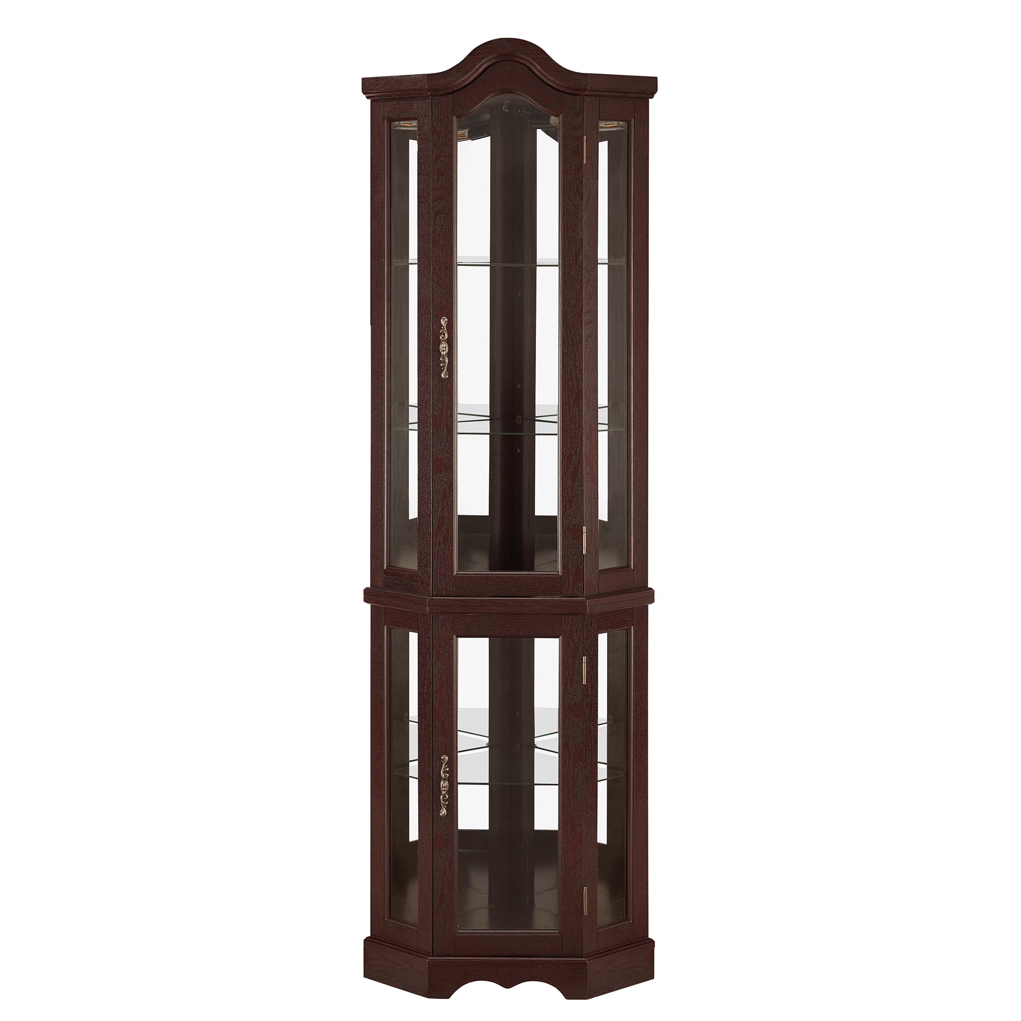 Lighted Corner Curio Cabinet with Tempered Glass Doors & Shelves - Elegant Oak Display Storage for Living Room & Bedroom Decor-DARK CHERRY