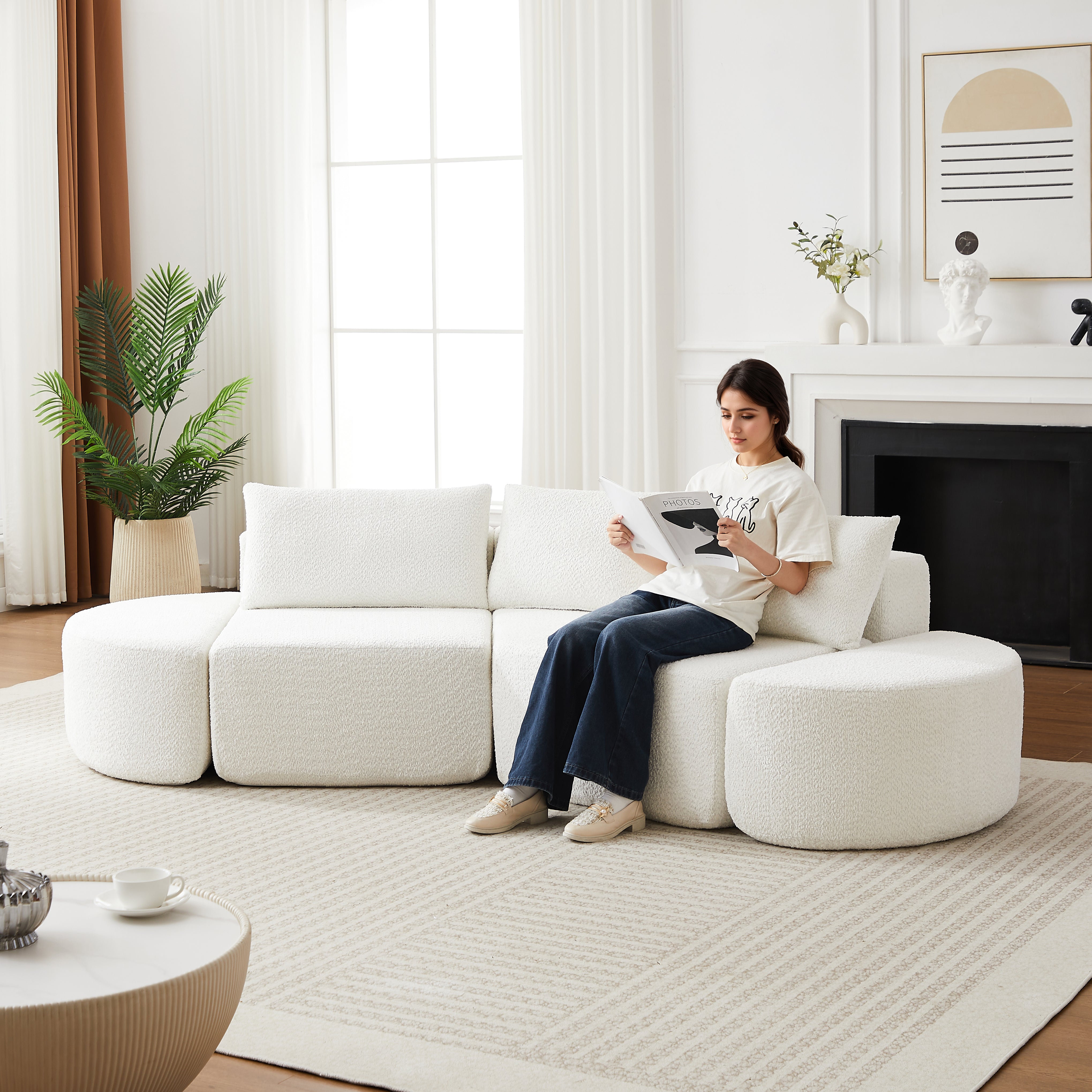 106.3-inch V-shaped modular sofa set in chenille fabric, featuring three throw pillows and two curved ottomans, perfectly suited for living rooms, bedrooms, and offices.beige