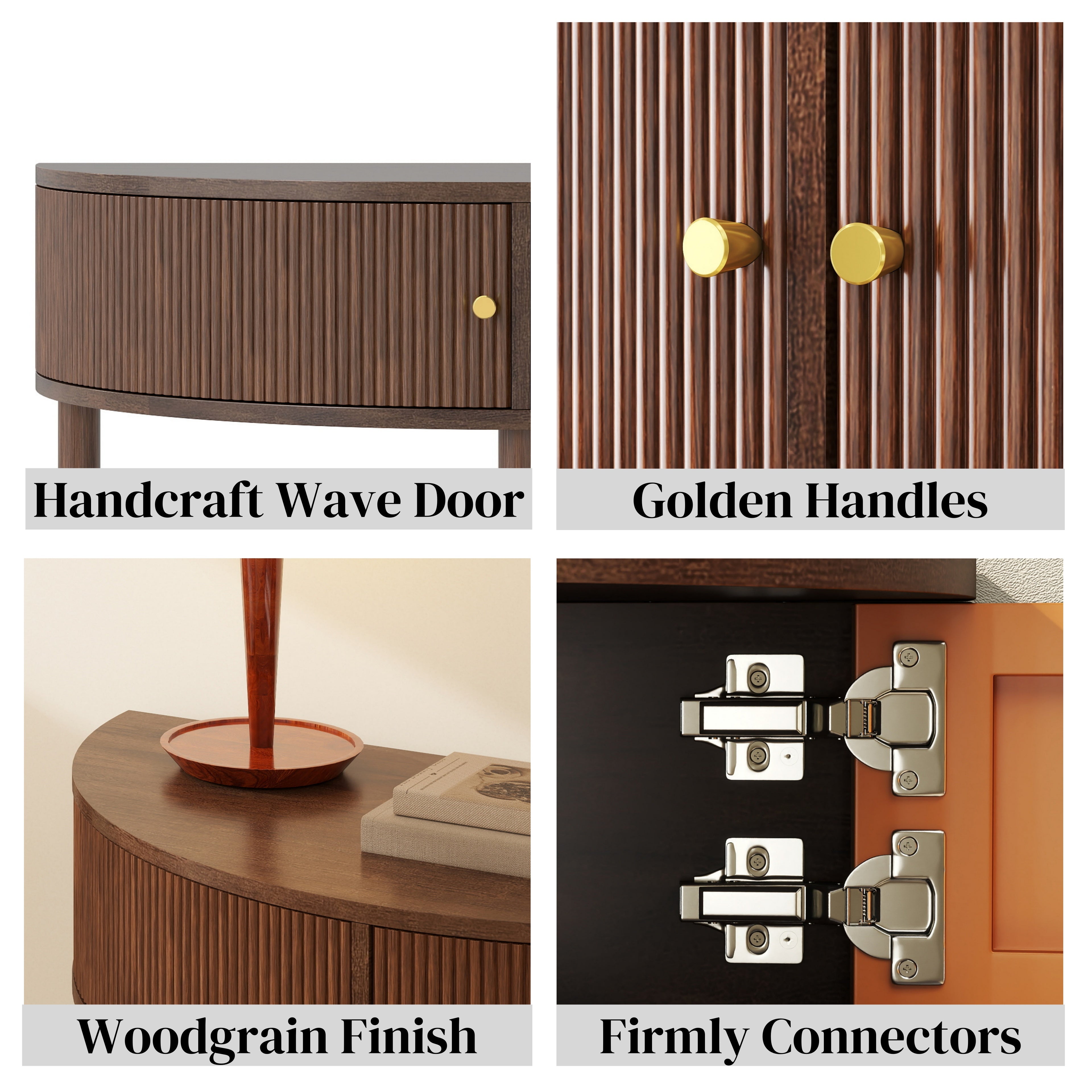 Artisan-Crafted Wave-Pattern Demi-Lune Console Table with Brown Woodgrain,Unique Half Moon Design End Table with 2 Storage Drawers and Bottom Shelf for Living room, Bedroom, Study, Hallway