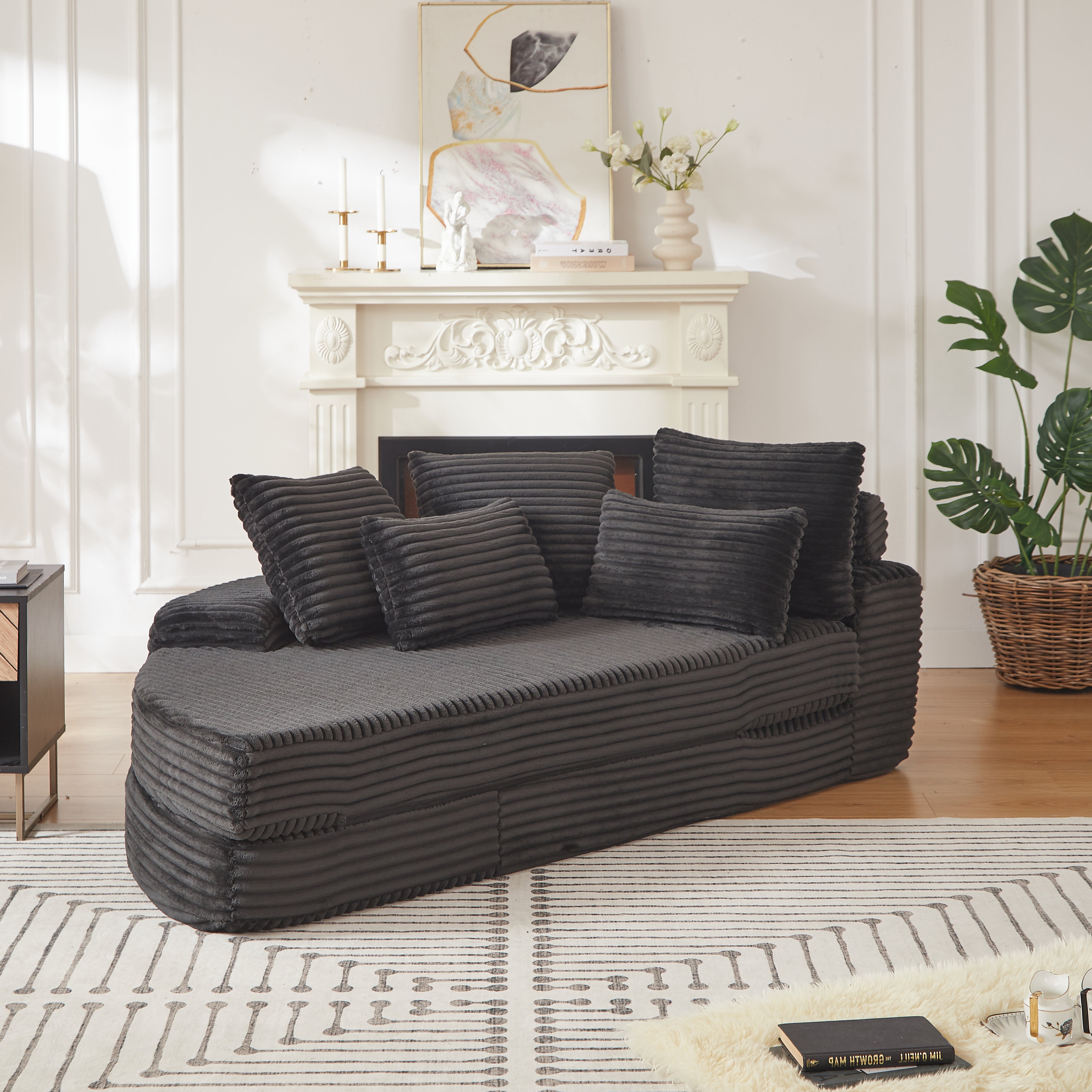 78.5-Inch Corduroy Semi-Circular 2-in-1 Sofa Bed, Designer Recliner with Neck Pillow and Five Throw Pillows in Living Room