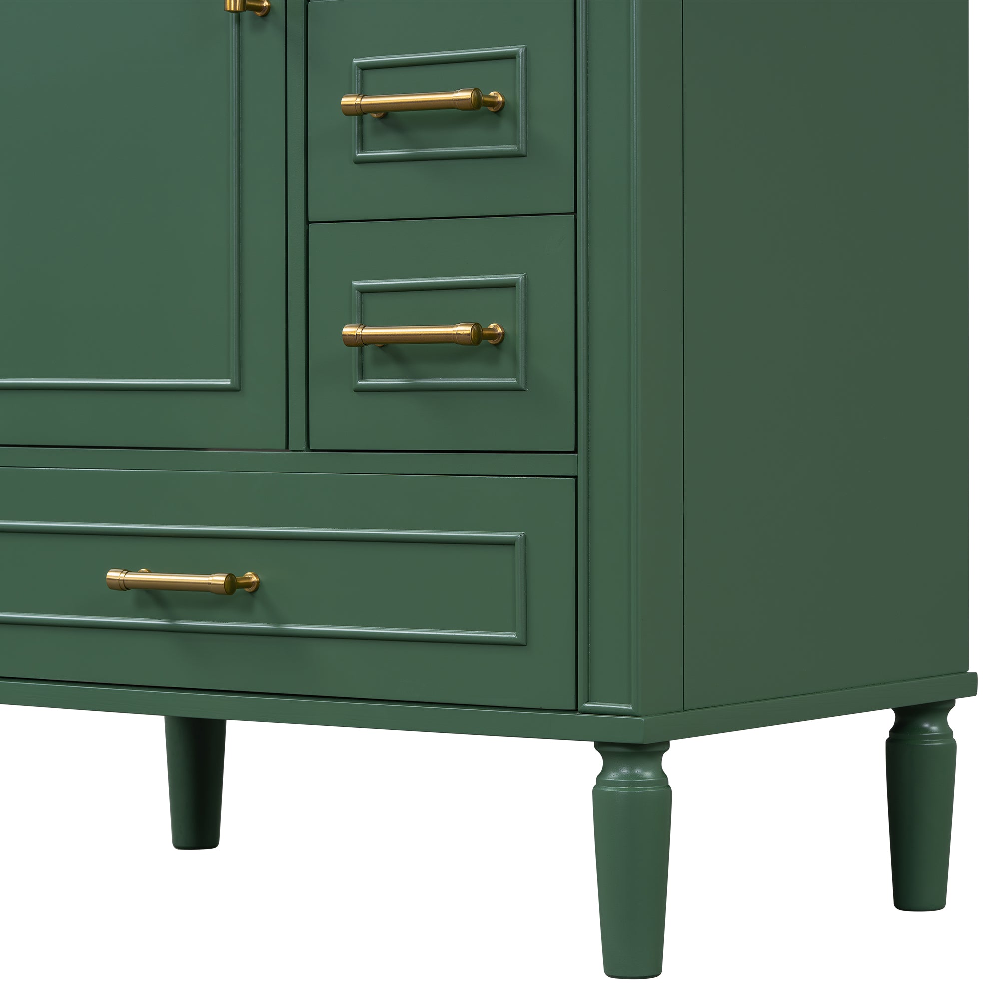 Traditional 30" Green Bathroom Vanity Set, Floor Standing, with Three Drawers, Soft Close Doors, with Long Gold Metal Handles - Perfect for Small Bathrooms