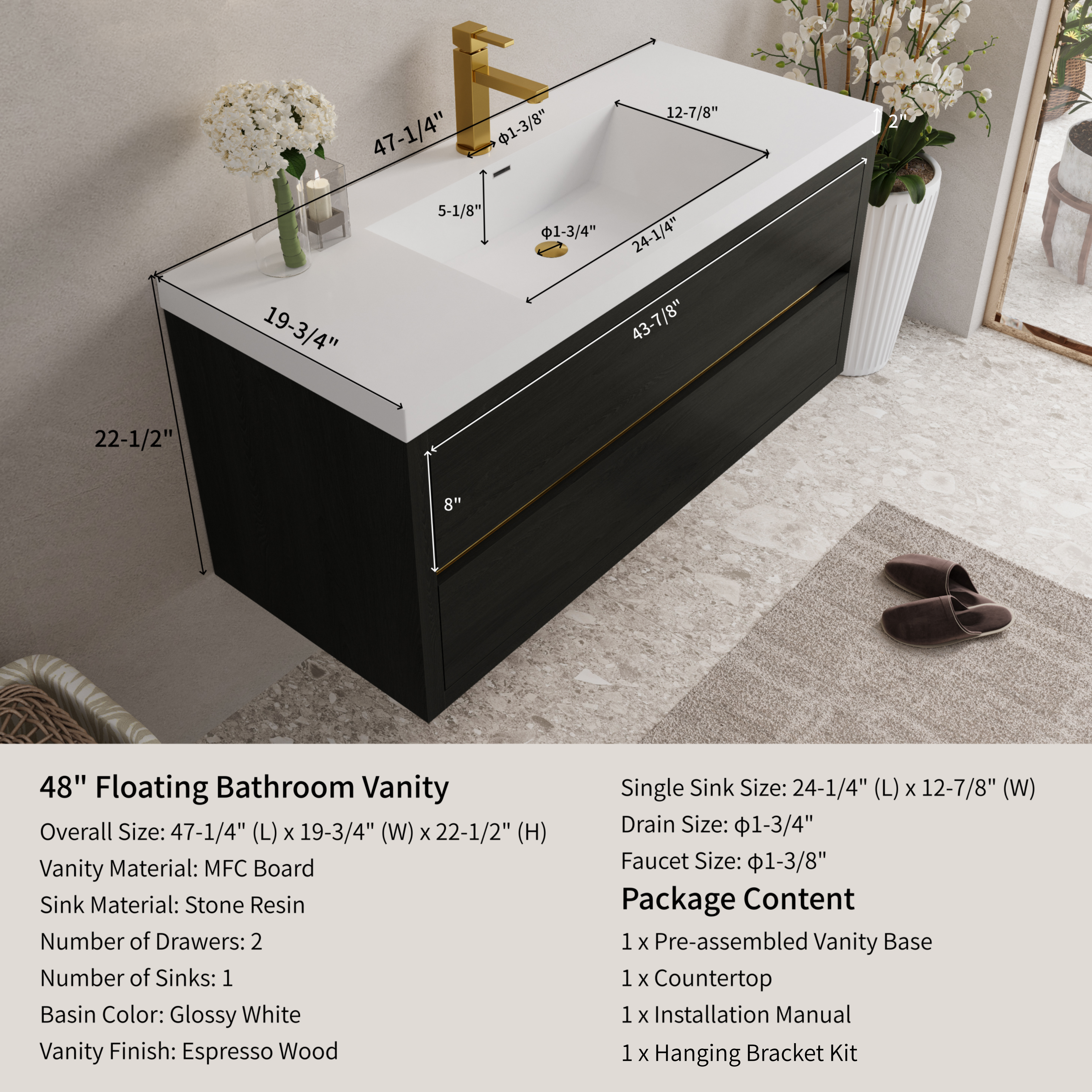 48" Wall-Mounted Bathroom Vanity with Sink, Floating Bathroom Storage Cabinet with Stone Resin Countertop and Soft Close Drawers Fully Assembled, Espresso Wood 24V15-48EW-W1920P414548