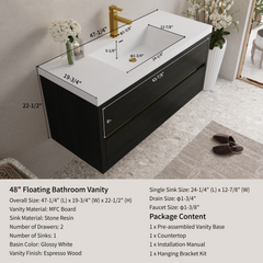 48" Wall-Mounted Bathroom Vanity with Sink, Floating Bathroom Storage Cabinet with Stone Resin Countertop and Soft Close Drawers Fully Assembled, Espresso Wood 24V15-48EW-W1920P414548
