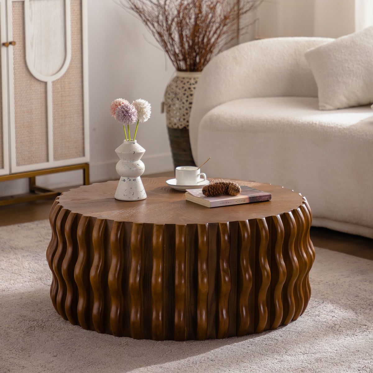 31.50" Ribbed Wave Round Coffee Table - Solid Wood & MDF Mid-Century Center Table, Brown Modern Drum Fluted Coffee Table for Living Room/Apartment (Fully Assembled)