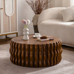31.50" Ribbed Wave Round Coffee Table - Solid Wood & MDF Mid-Century Center Table, Brown Modern Drum Fluted Coffee Table for Living Room/Apartment (Fully Assembled)
