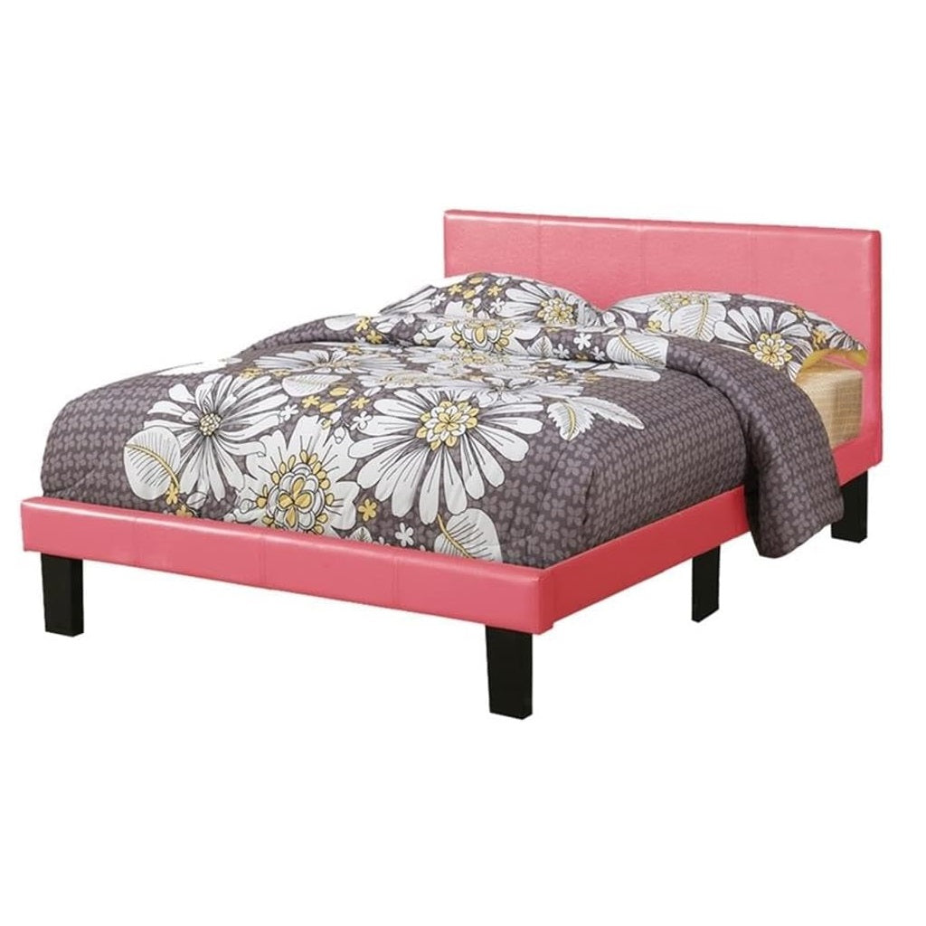 Simple Modern Pink Faux Leather Upholstered Full Size Bed Bedroom Wooden Slats 1pc Platform Bedframe
