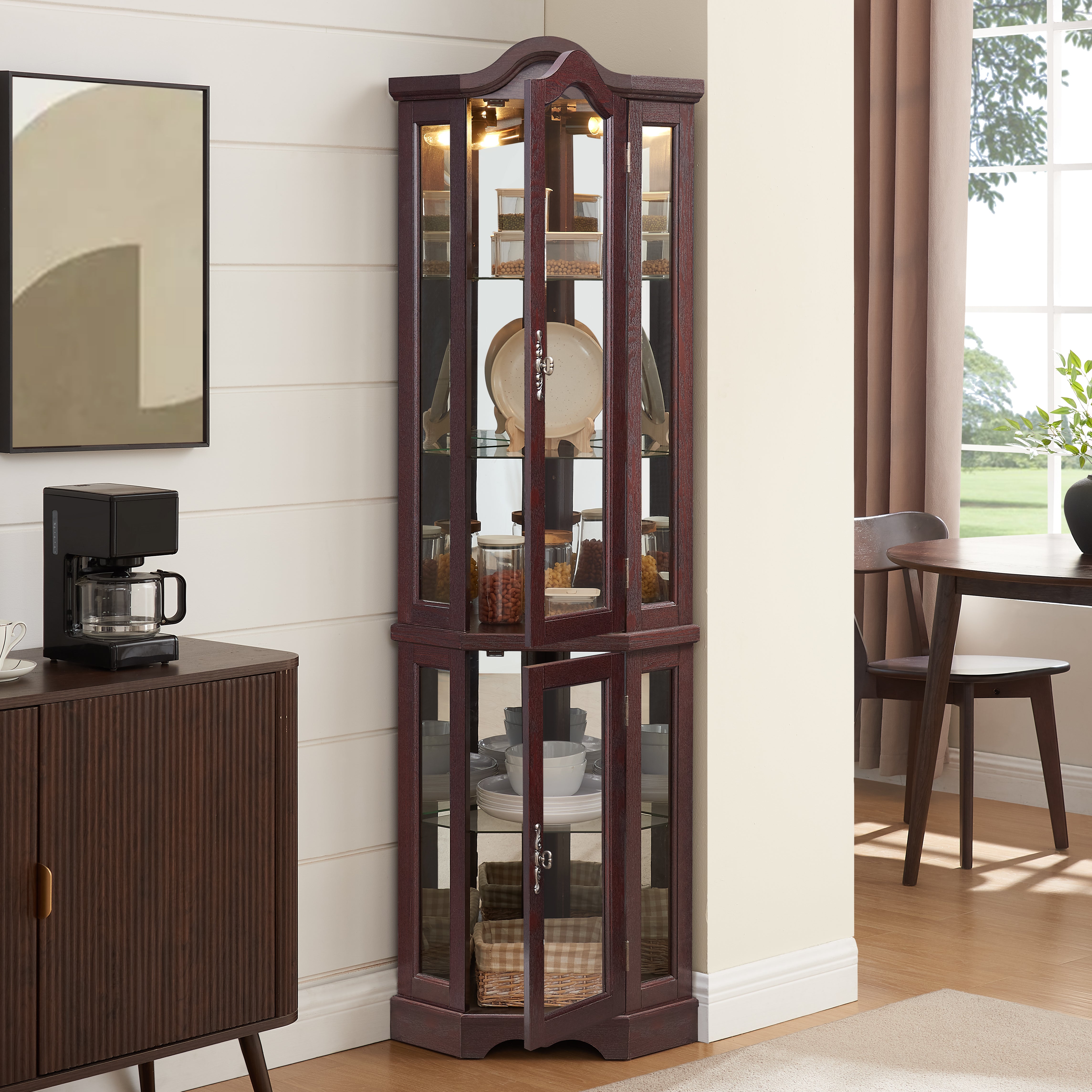Lighted Corner Curio Cabinet with Tempered Glass Doors & Shelves - Elegant Oak Display Storage for Living Room & Bedroom Decor-DARK CHERRY