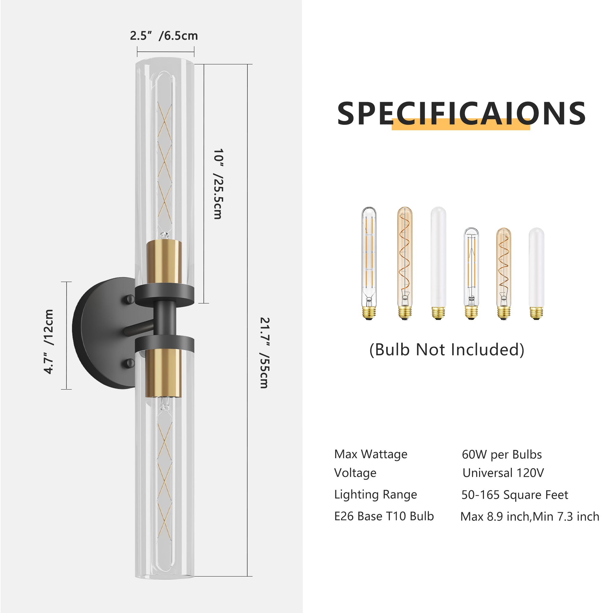 Wall Sconces Set of Two, Black and Gold Bathroom Sconces Wall Lighting with Clear Glass, Modern Sconces Wall Decor Set of 2 Wall Light fixtures for Bathroom Mirror Living Room Hallway Bedroom