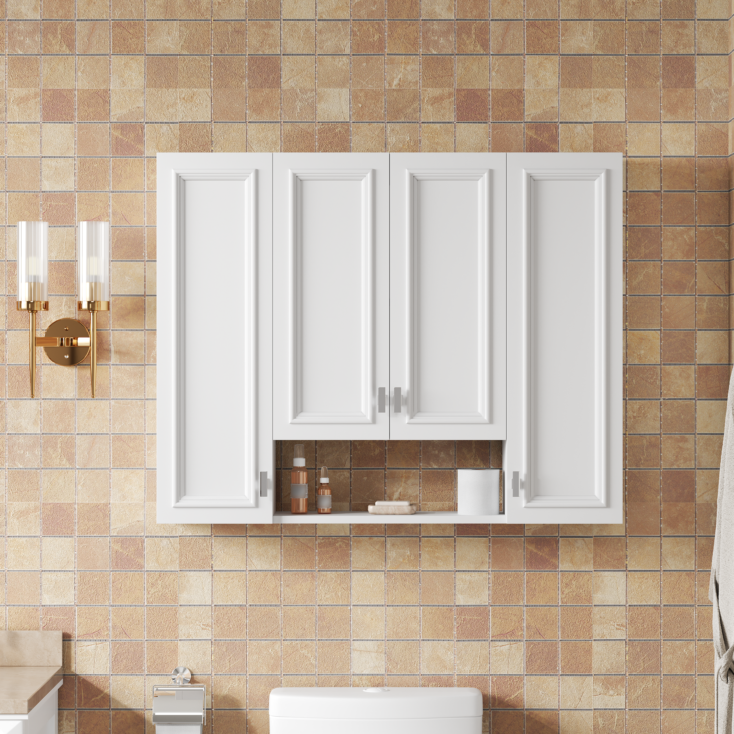 Modern Bathroom Cabinet with 5 Adjustable Shelves, Wall-Mounted Medicine Cabinet for Bathroom, Soft-Closing Hinges, Open Shelving Design
