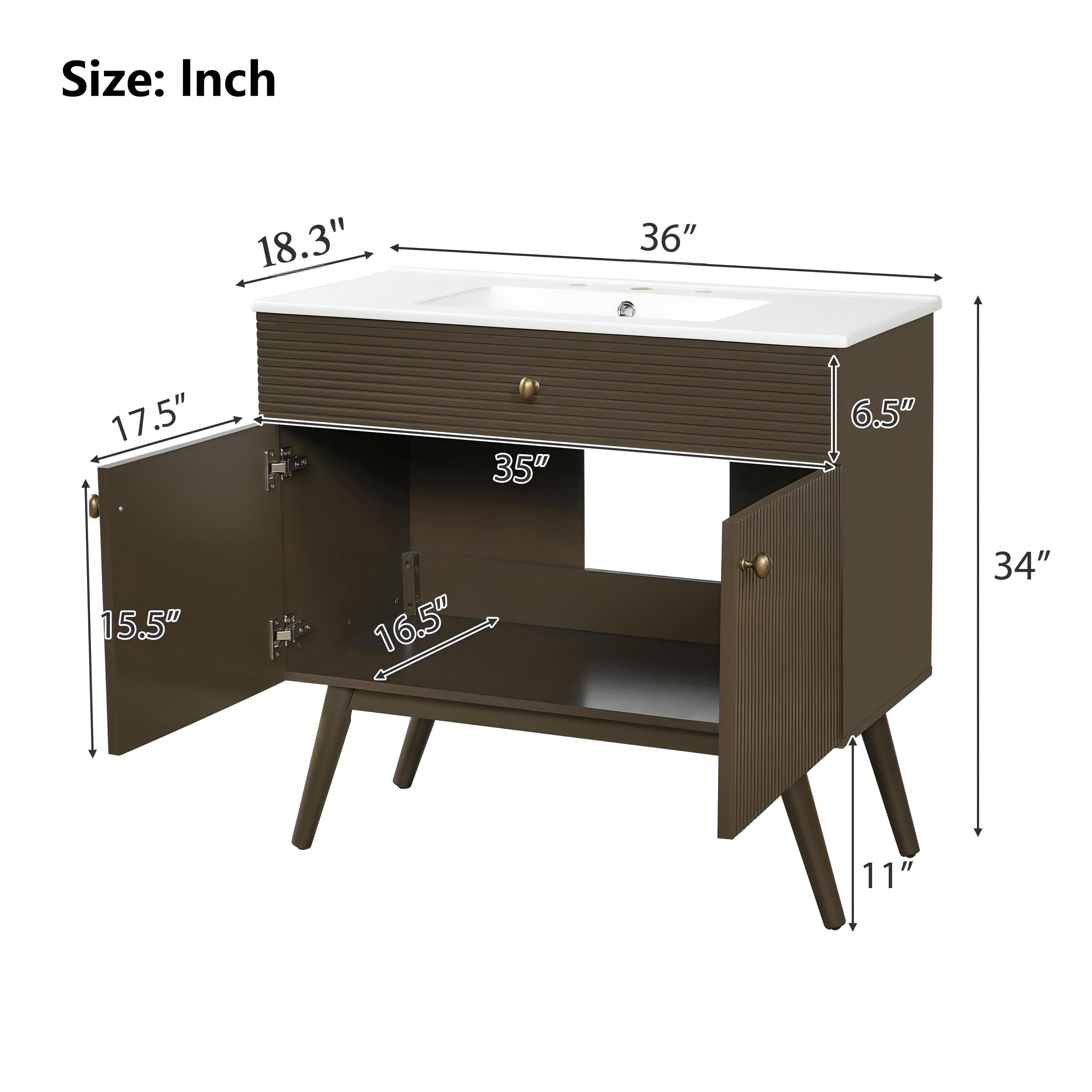36" Luxury Striped Dark Brown Vanity: Soft-Close Dual-Door Storage & Premium Ceramic Sink