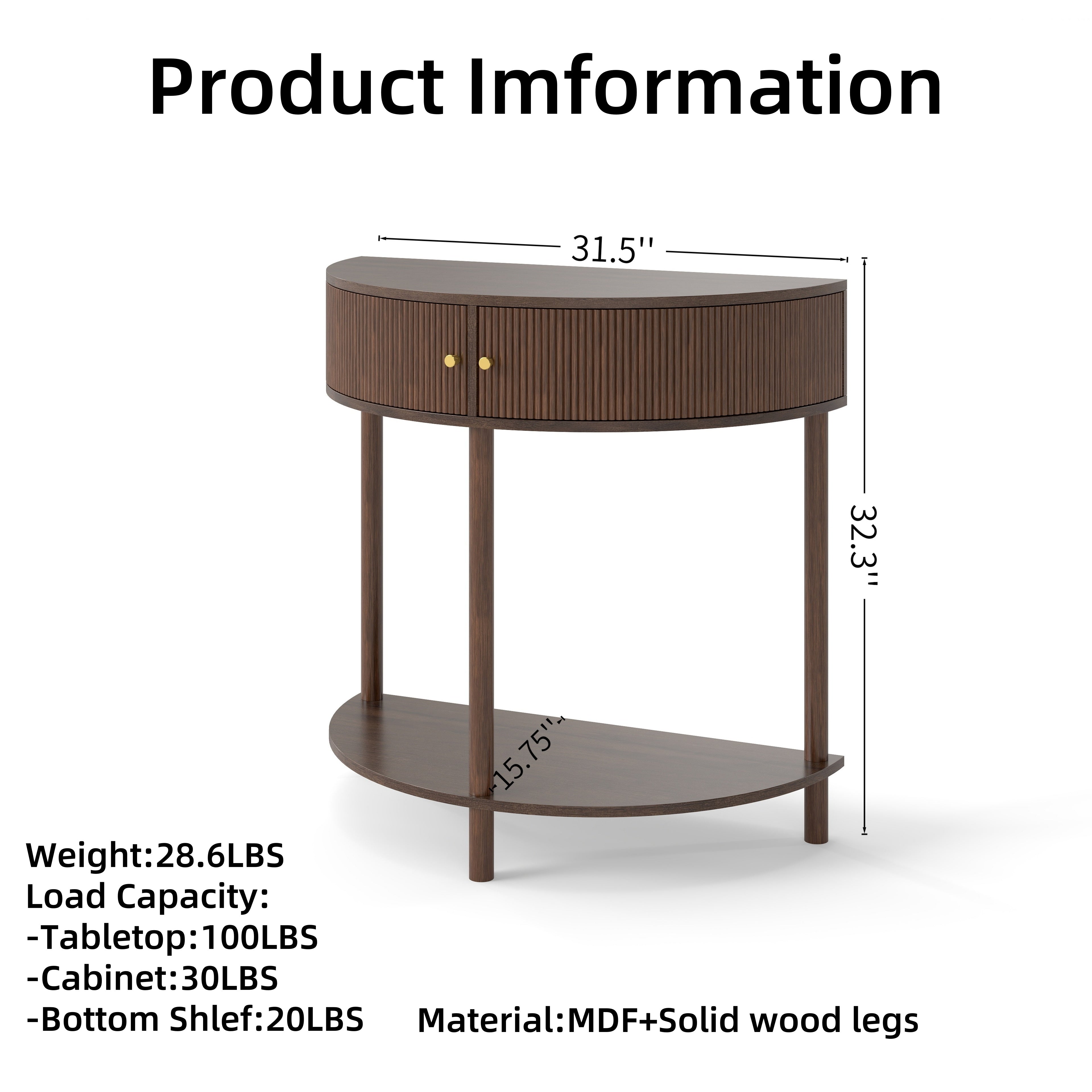 Artisan-Crafted Wave-Pattern Demi-Lune Console Table with Brown Woodgrain,Unique Half Moon Design End Table with 2 Storage Drawers and Bottom Shelf for Living room, Bedroom, Study, Hallway