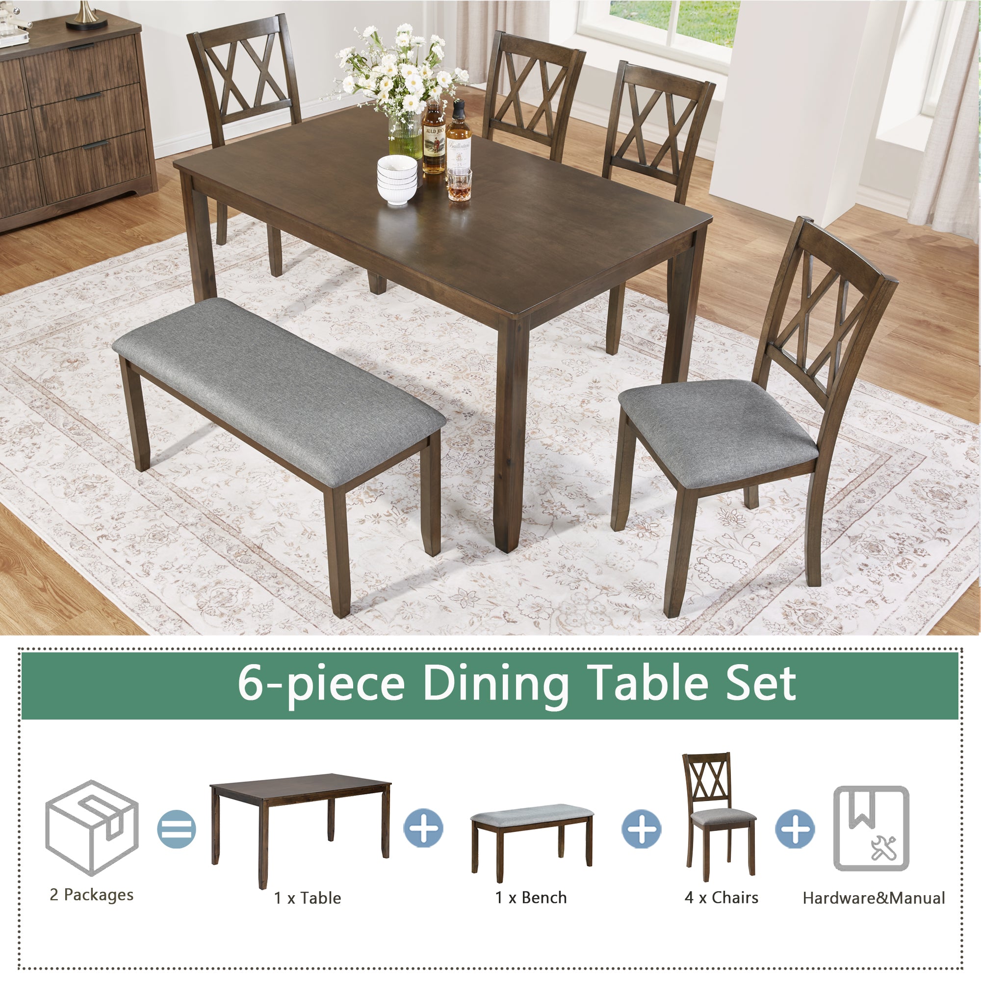 Elegant 6-Piece Wooden Dining Table Set (Table + 4 Chairs + Bench, Walnut)