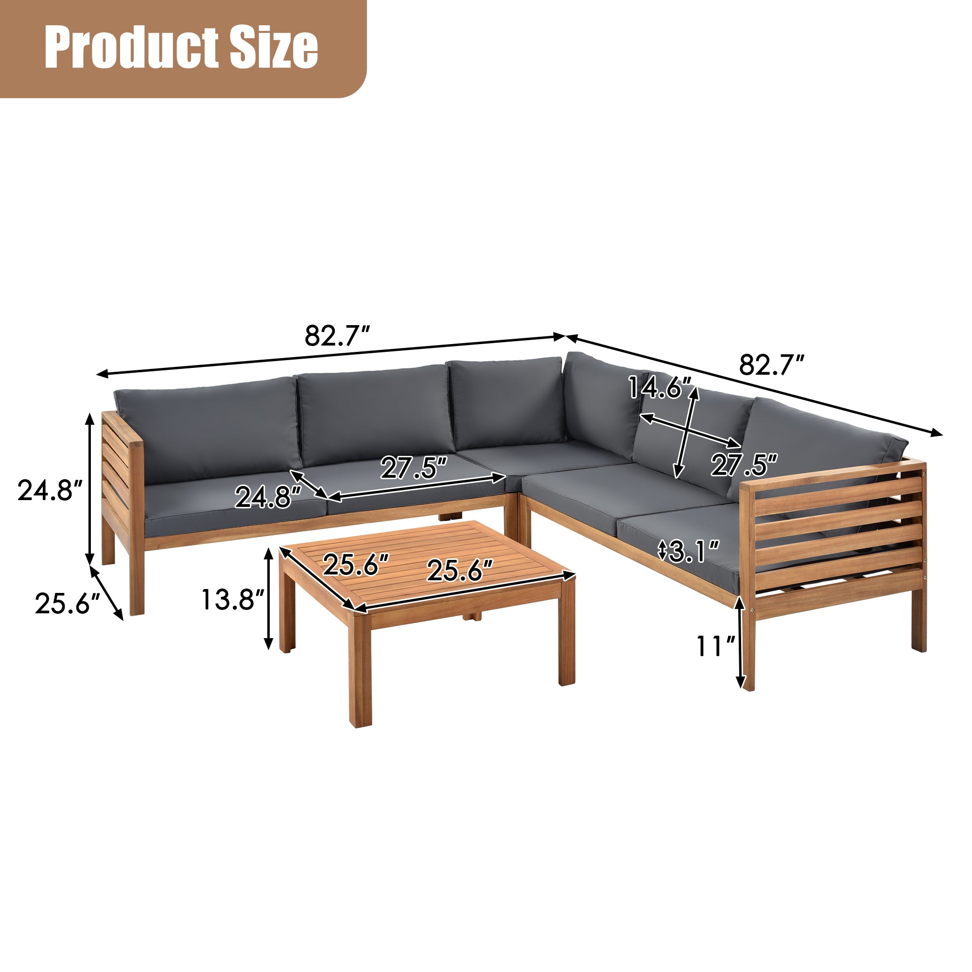 Wood Structure Outdoor Sofa Set with gray Cushions Exotic design Water-resistant and UV Protected texture High quality acacia wood Strong Metal Accessorie