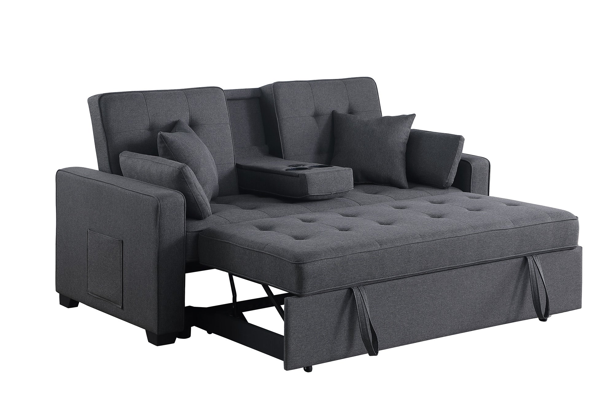 Cody II 70"W Dark Gray Linen Convertible Sleeper Loveseat with Dropdown Console, Cup Holders, Charging Ports, Pocket, and Pocket Coil Seating