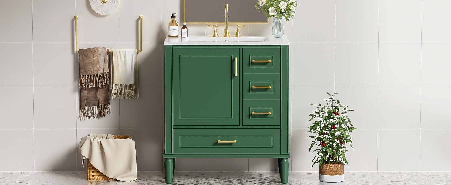 Traditional 30" Green Bathroom Vanity Set, Floor Standing, with Three Drawers, Soft Close Doors, with Long Gold Metal Handles - Perfect for Small Bathrooms