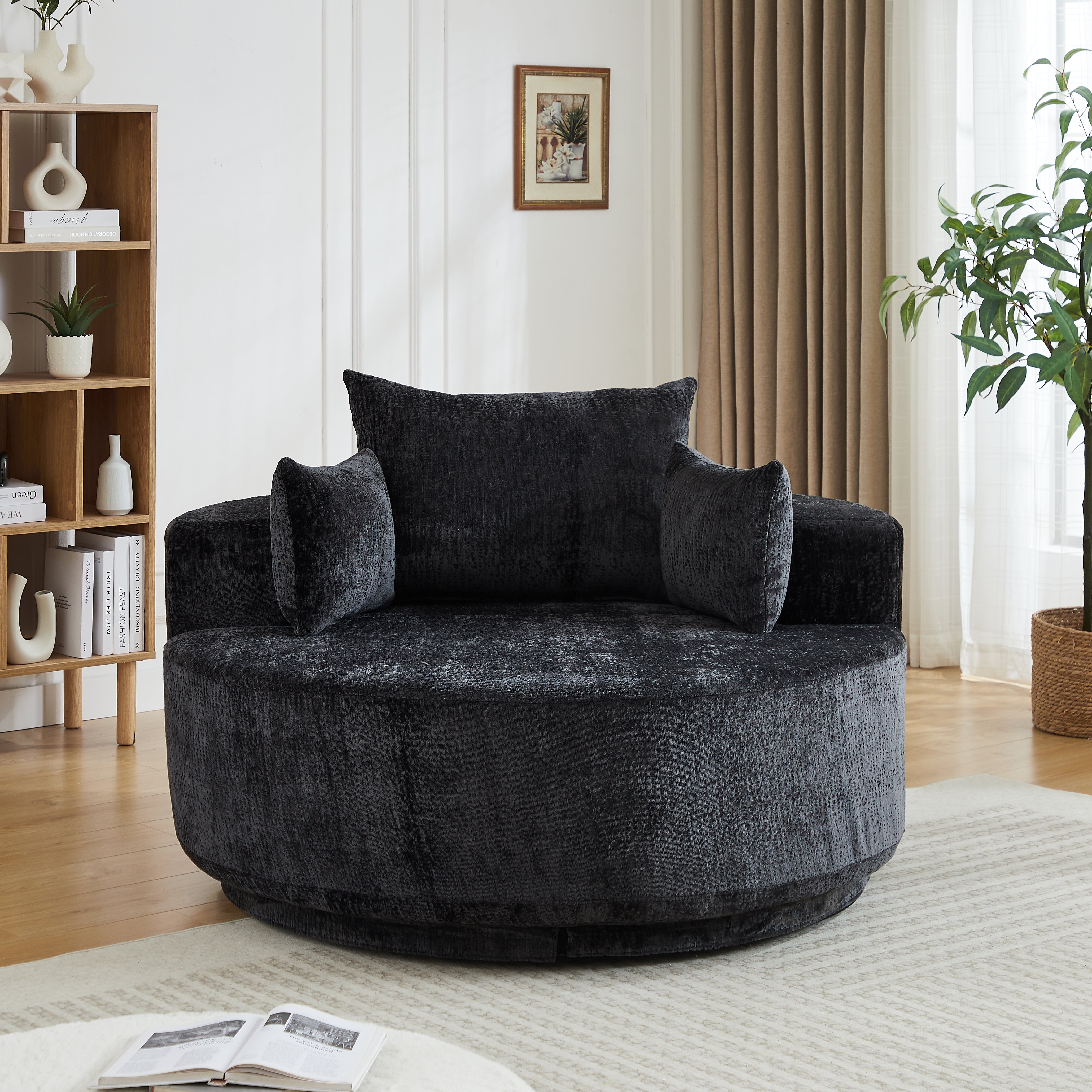 55''L Chenille Foam Single Swivel Chair, Fluffy Modern Sleeper, 360 Degree Swivel Chair for Living Room, Bedroom, Lounge and Projection Room
