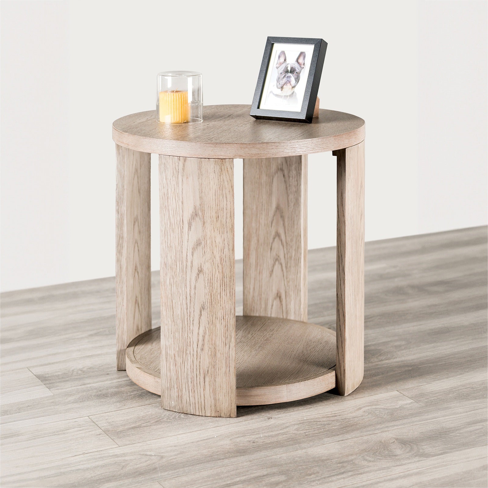 Modern Style 1pc Round End Table Open Bottom Storage Oak Finish Primary Living Room