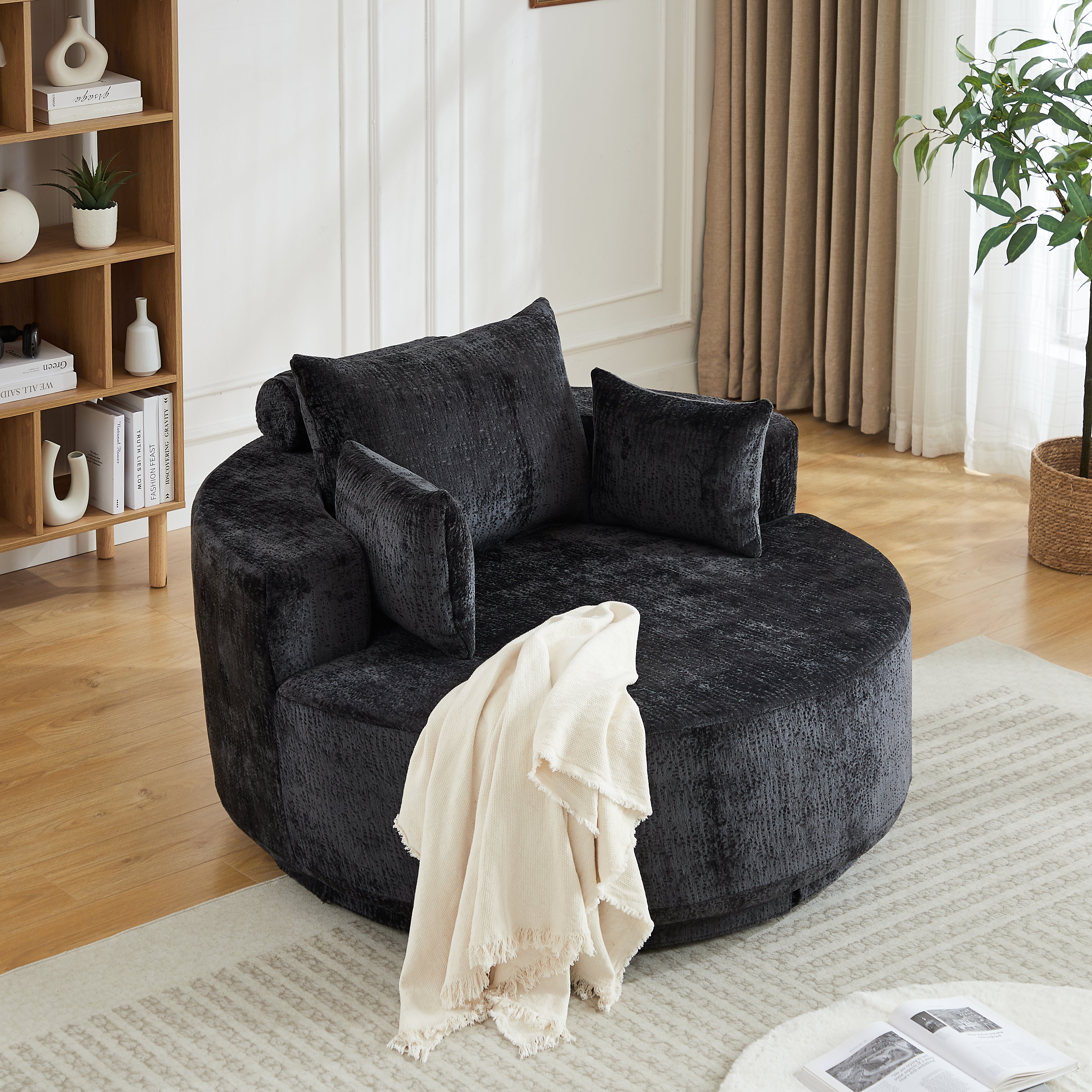 55''L Chenille Foam Single Swivel Chair, Fluffy Modern Sleeper, 360 Degree Swivel Chair for Living Room, Bedroom, Lounge and Projection Room